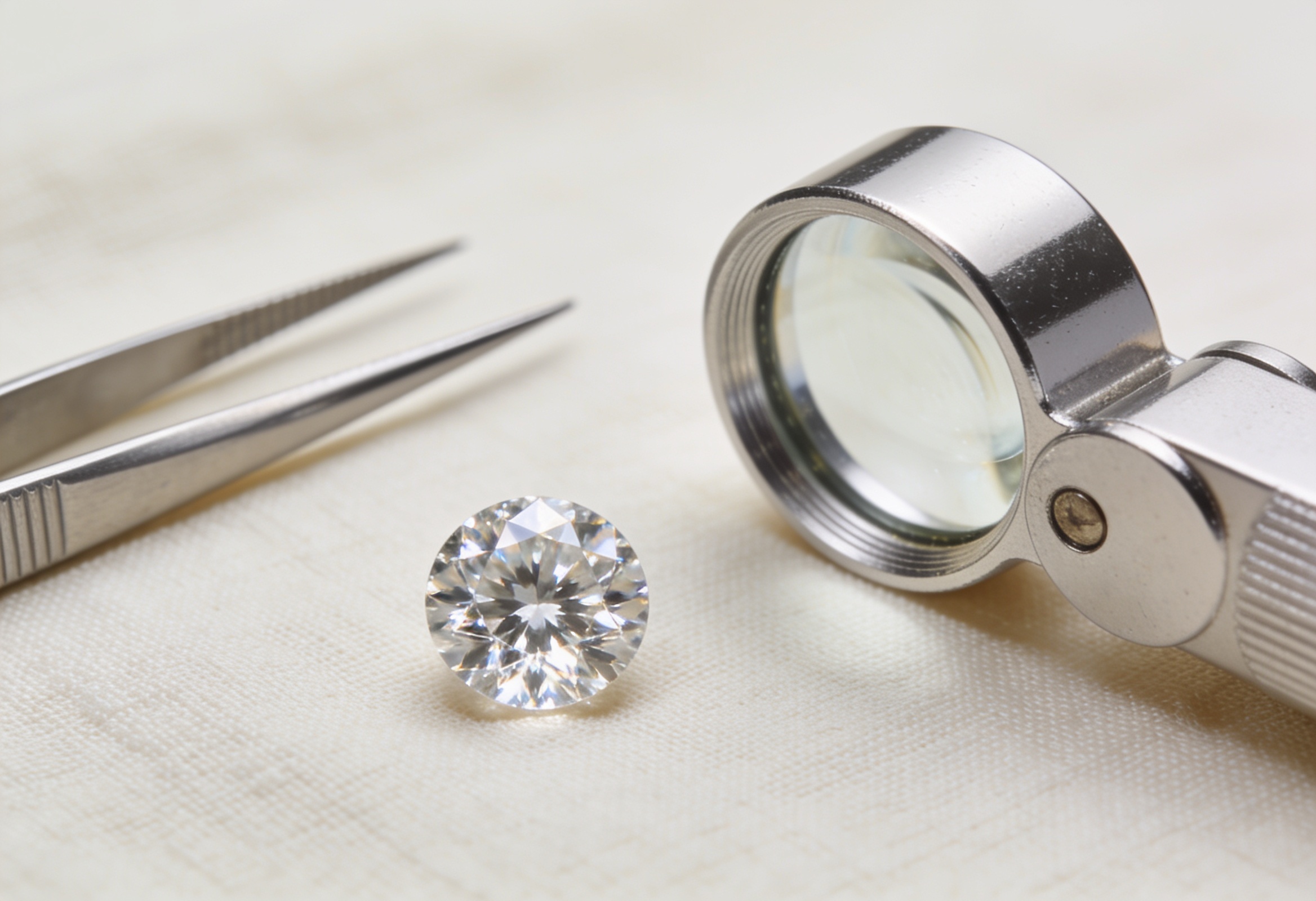 The 4Cs of Diamonds: A Complete Beginner Guide 1 Round brilliant diamond with a loupe and tweezers, the 4Cs grading