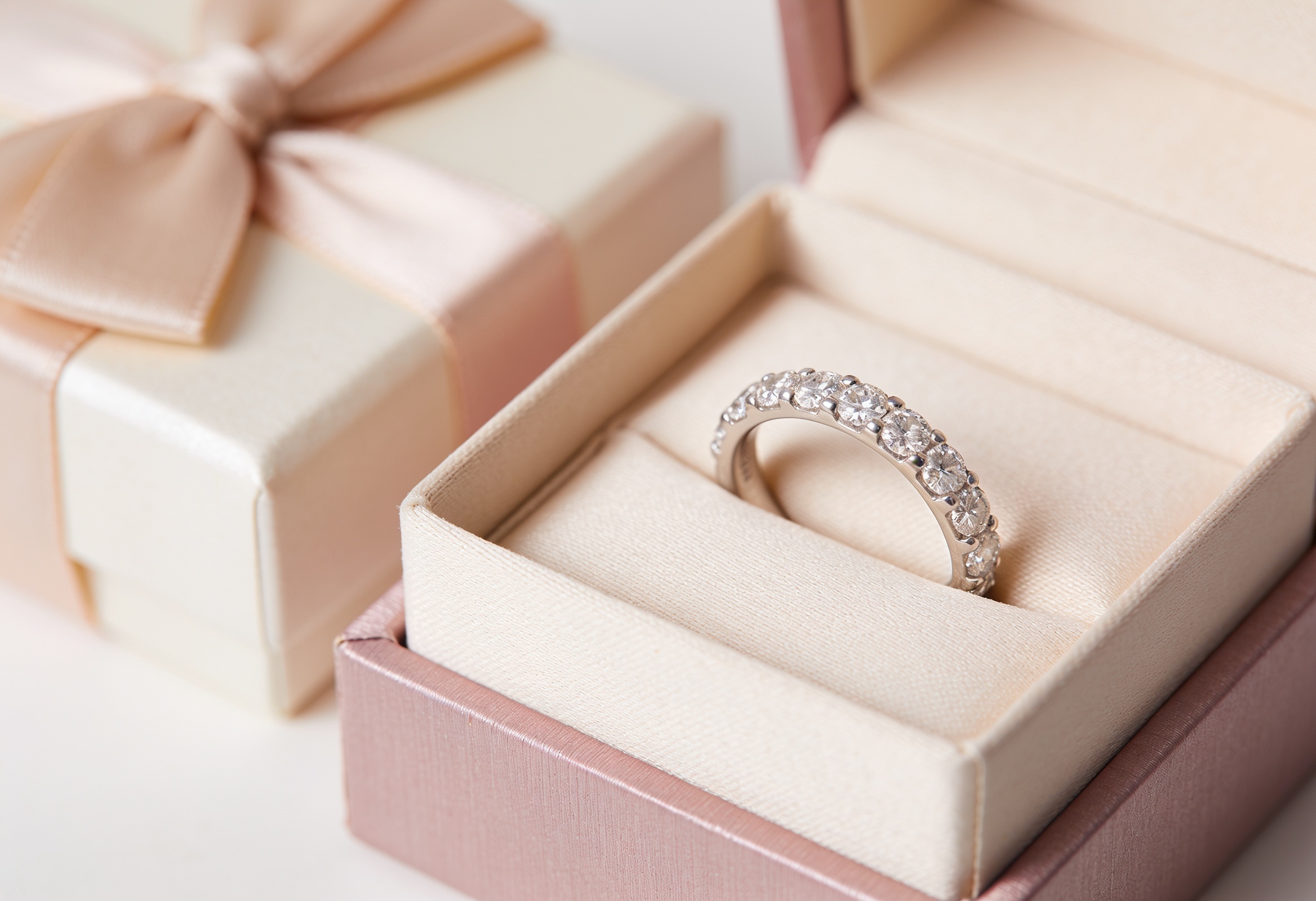 Diamond eternity band in a gift box, an anniversary gift