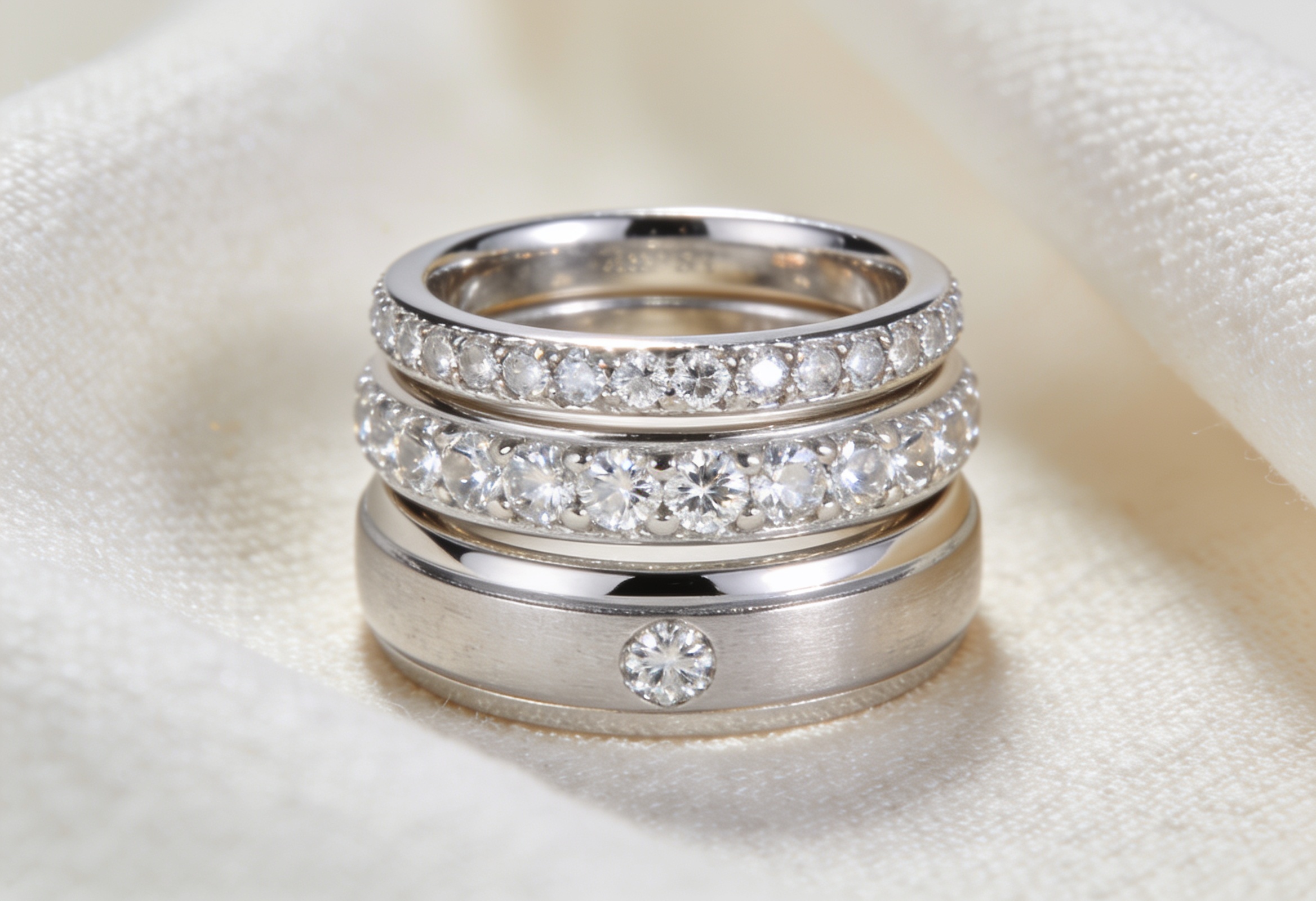 Stack of diamond anniversary rings including an eternity band