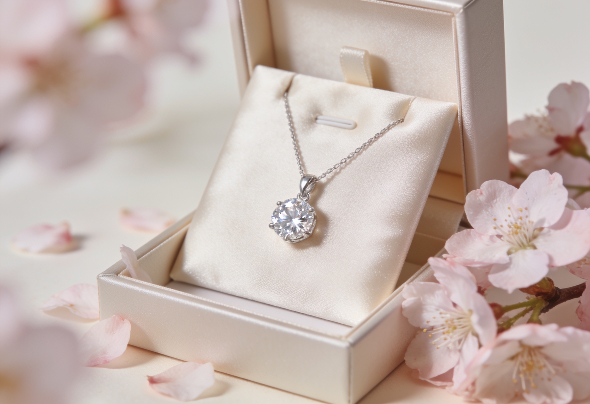 April Birthstone: The Diamond, Meaning & Gift Ideas 3 Lab grown diamond pendant in a gift box with spring blossoms