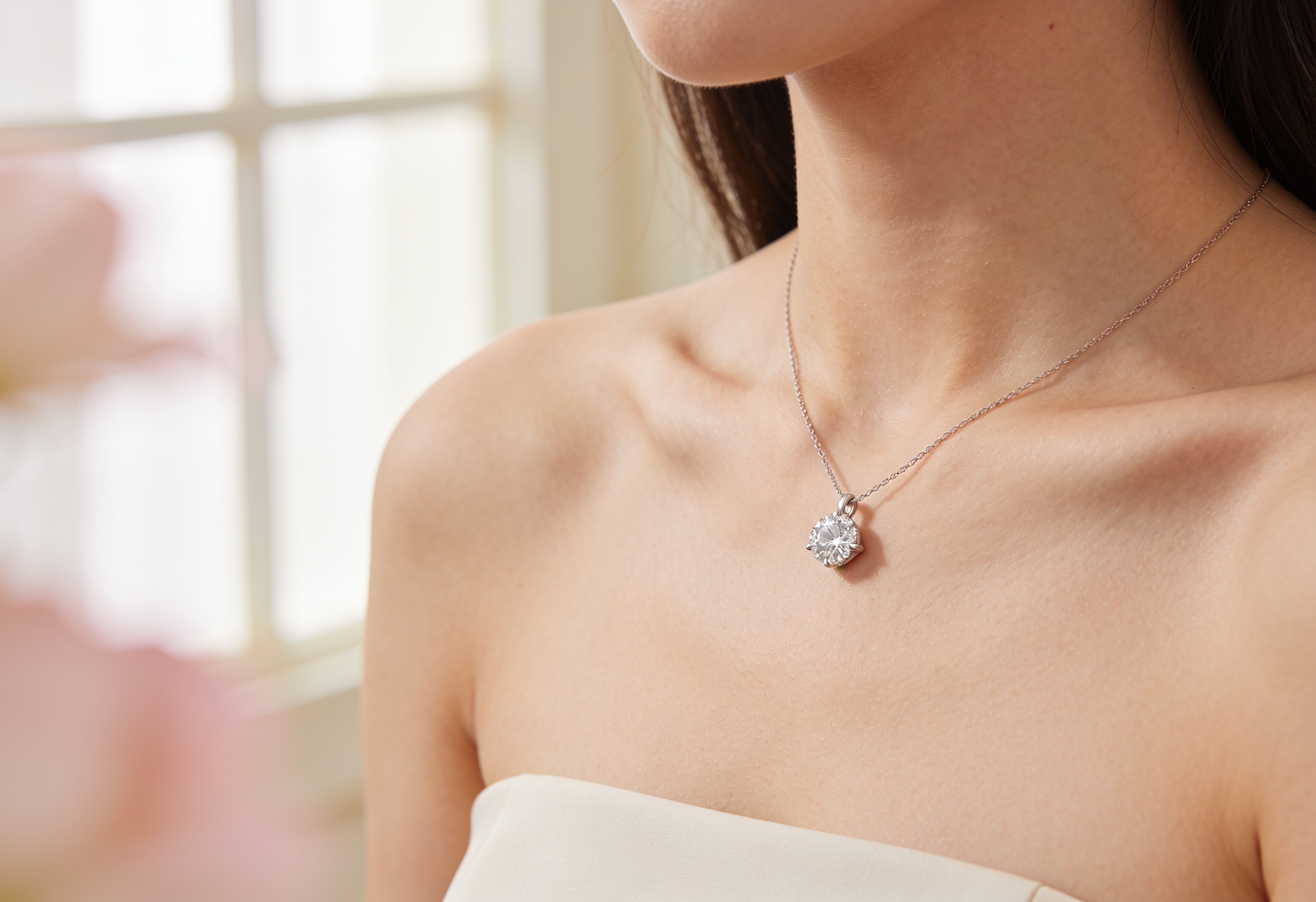 April Birthstone: The Diamond, Meaning & Gift Ideas 1 Woman wearing a delicate lab grown diamond solitaire pendant