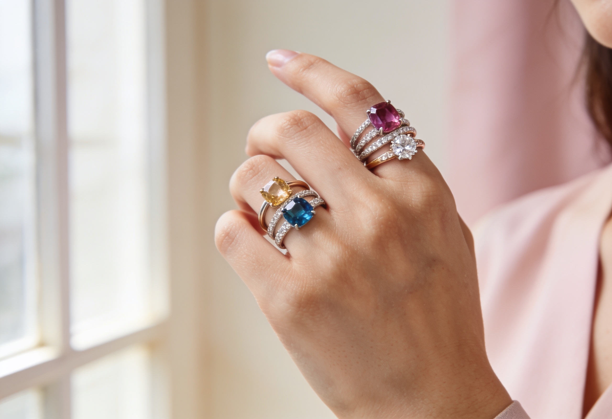 Birthstones by Month: Complete Chart & Meanings 3 Hand wearing a stack of colourful birthstone gemstone rings