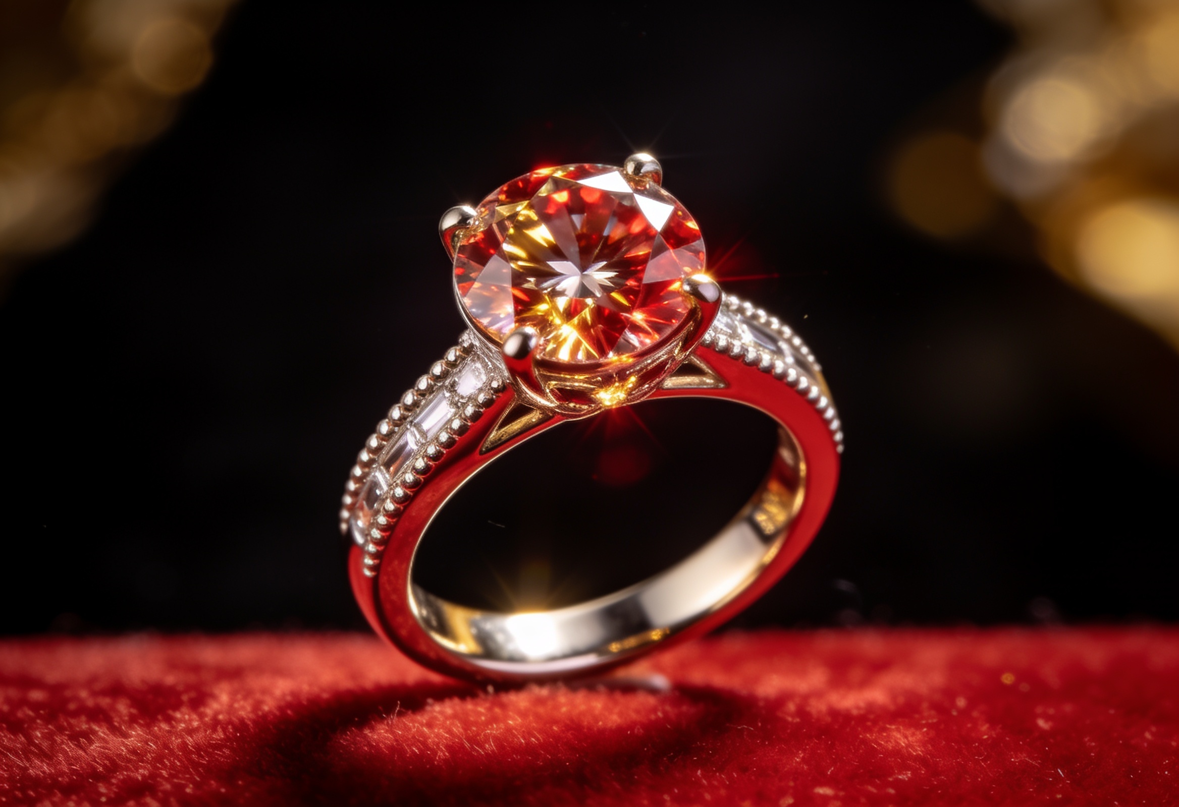 Large lab grown diamond cocktail ring with red carpet lighting