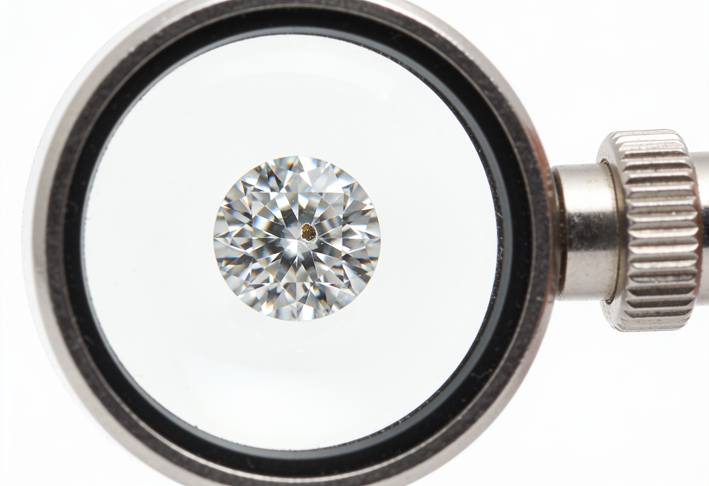Diamond Clarity Chart: All Grades Explained (FL to I3) 2 Round brilliant diamond under a jeweler loupe showing a tiny inclusion