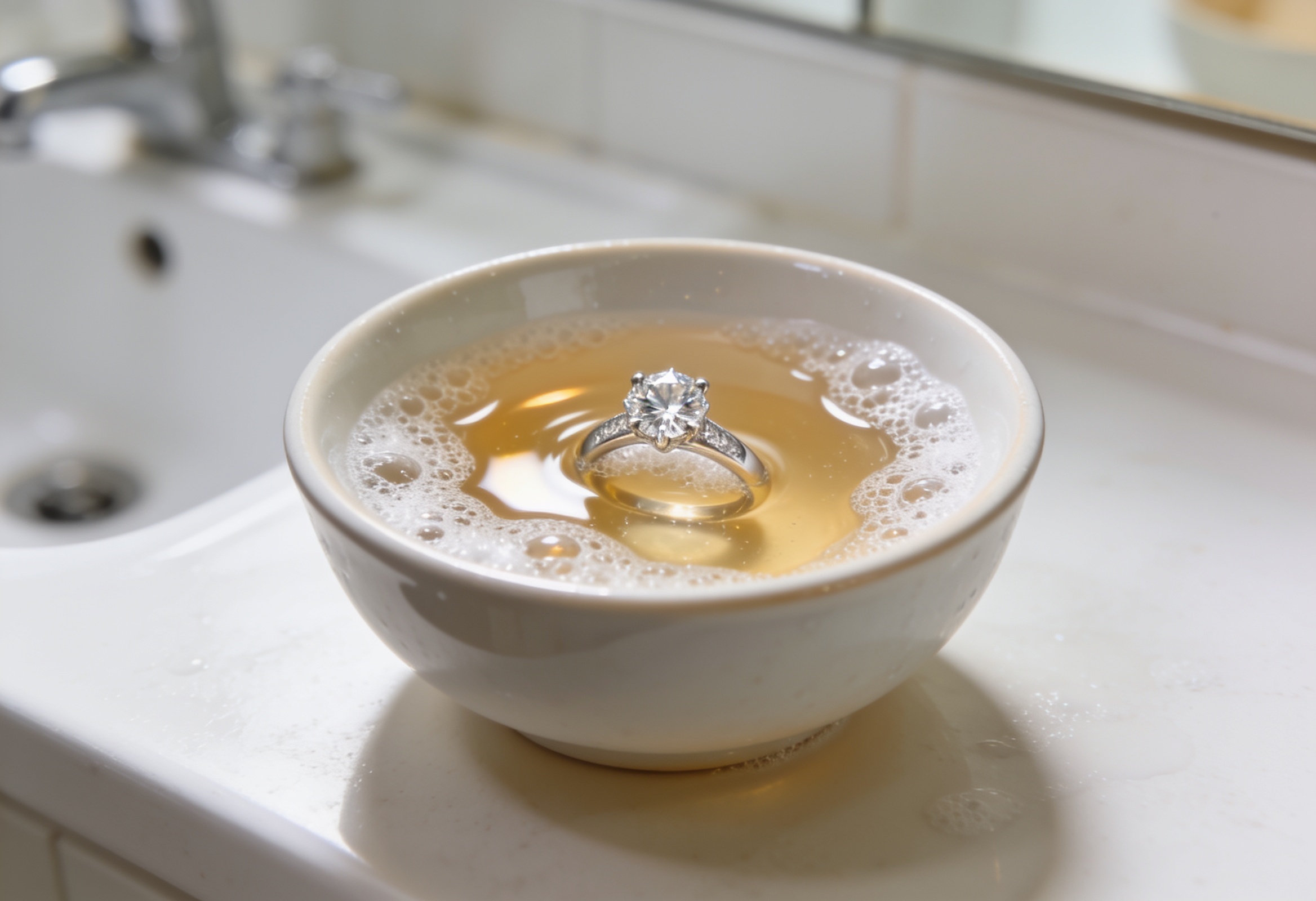 How to Clean a Diamond Ring 1 Diamond engagement ring soaking in a bowl of warm soapy water