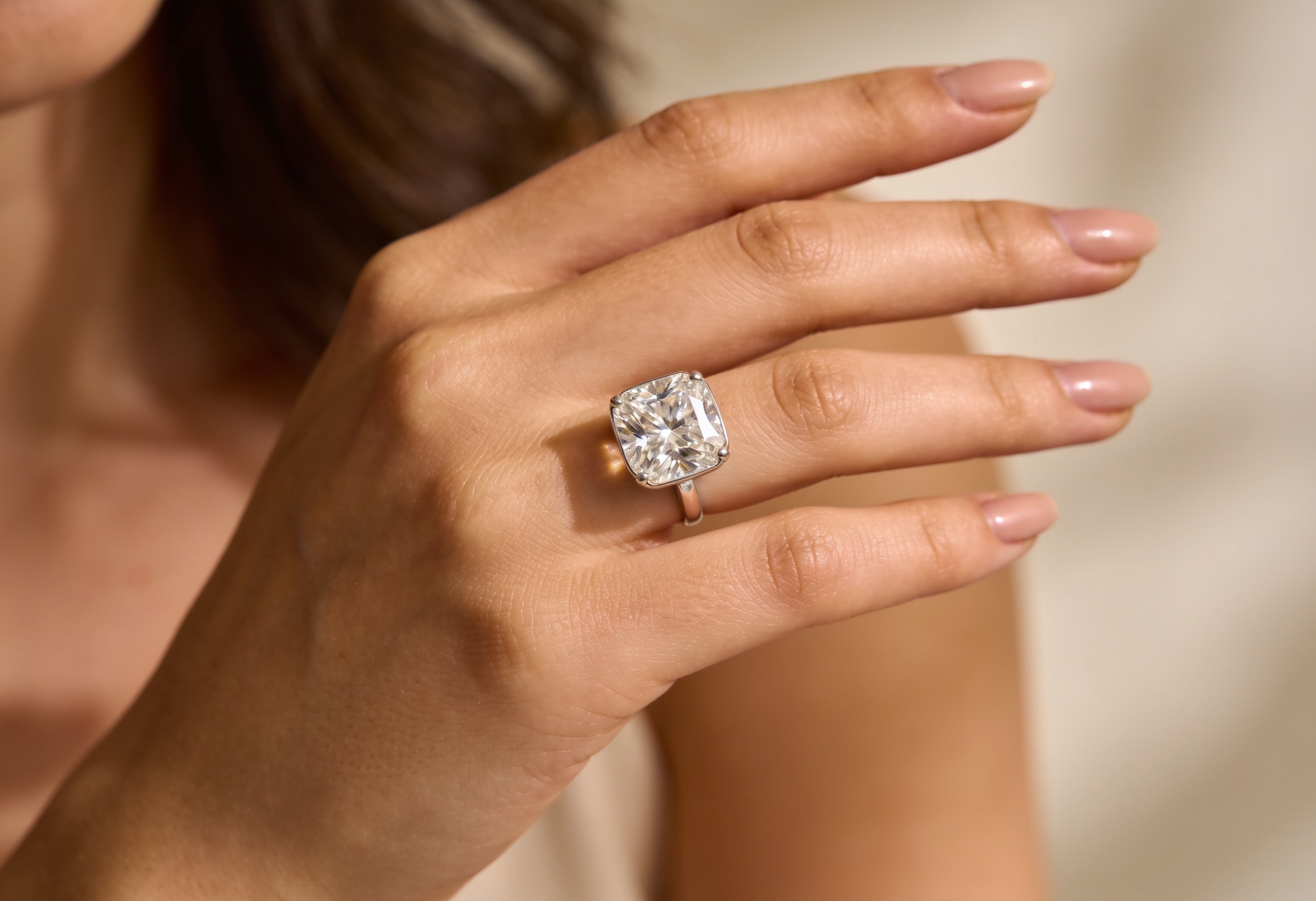 Cushion Cut Engagement Rings Canada 2 Cushion cut lab grown diamond engagement ring on a hand