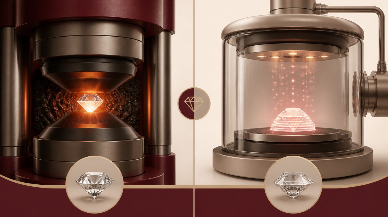 Diagram comparing CVD and HPHT lab grown diamond growth methods, the HPHT press squeezing carbon under pressure beside the CVD vacuum chamber growing a diamond from carbon gas