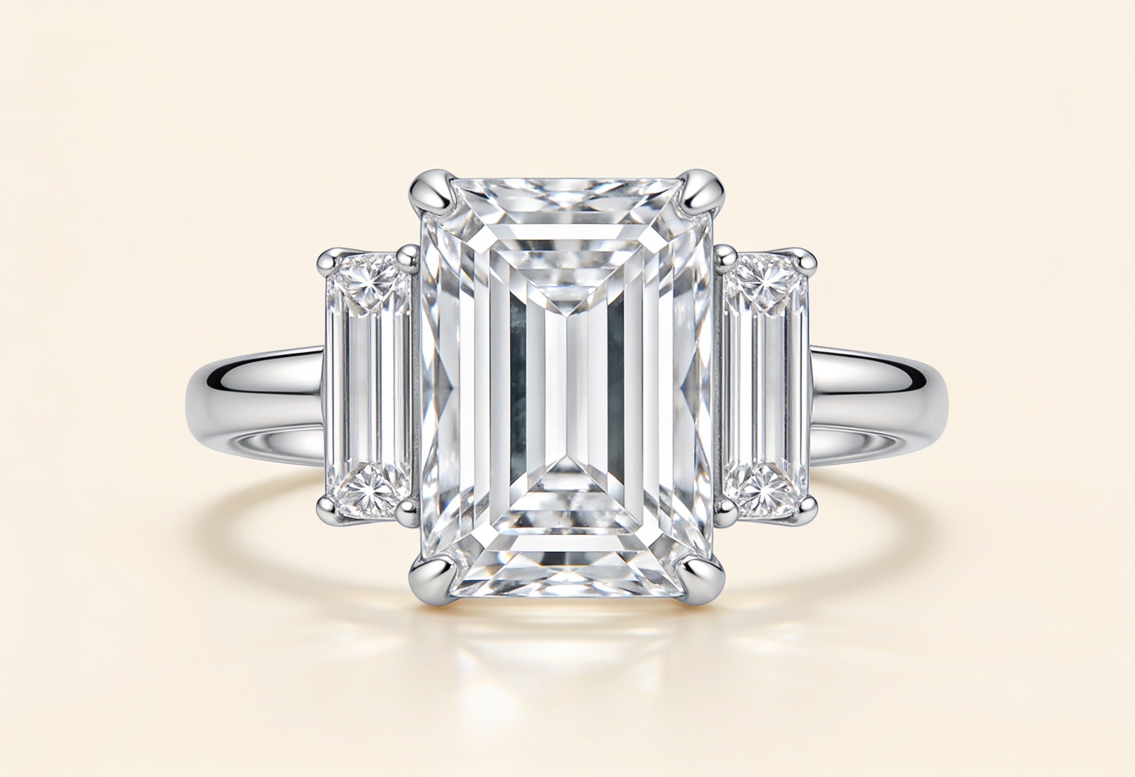 Emerald Cut Engagement Rings Canada 4 Emerald cut lab grown diamond three stone engagement ring with baguettes