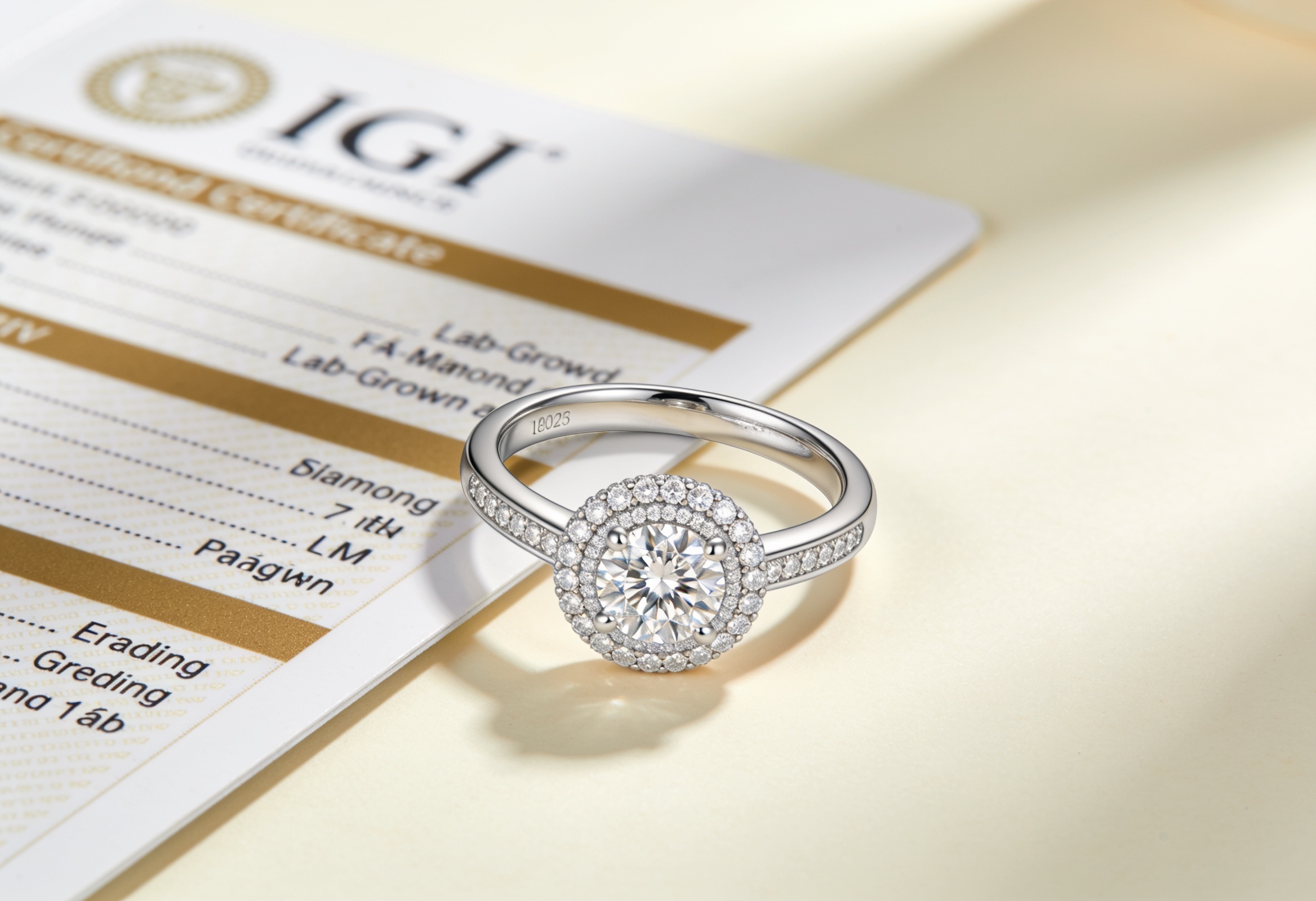 Halo lab grown diamond ring with IGI grading certificate showing certified value