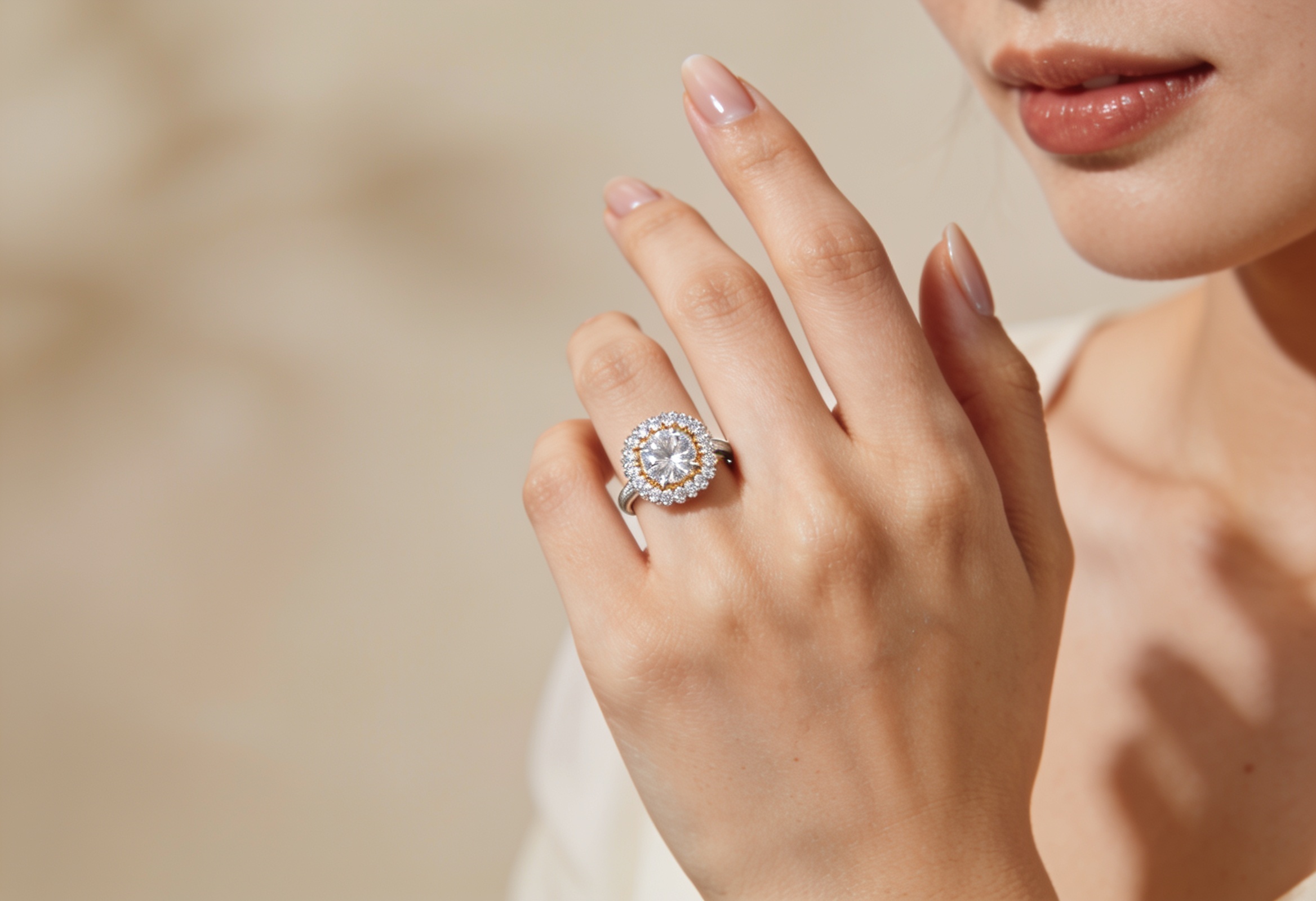 Halo lab grown diamond engagement ring on a hand