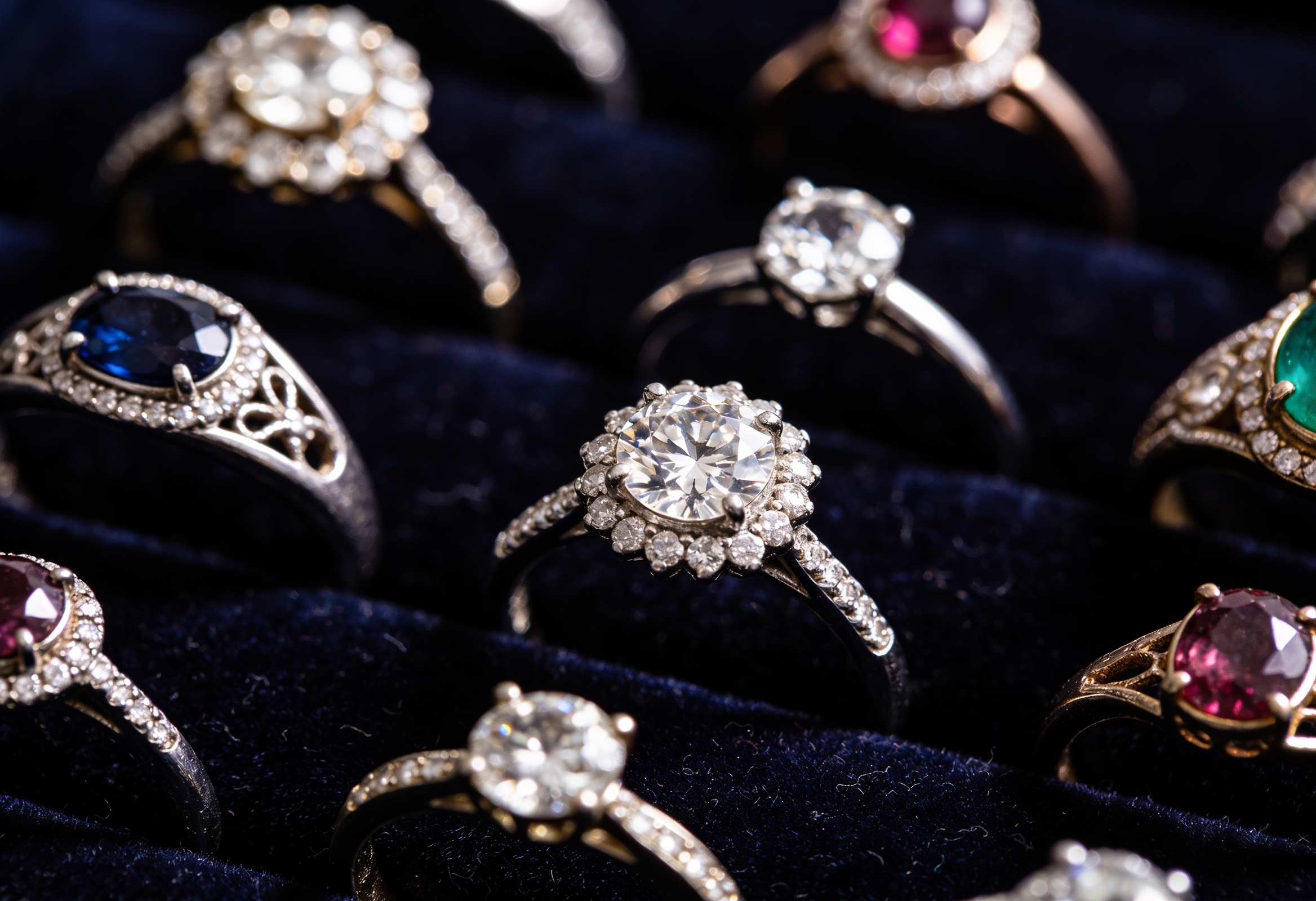 A Look Back in the Past: Where Did Engagement Rings Come From? 2 Collection of vintage engagement rings on velvet