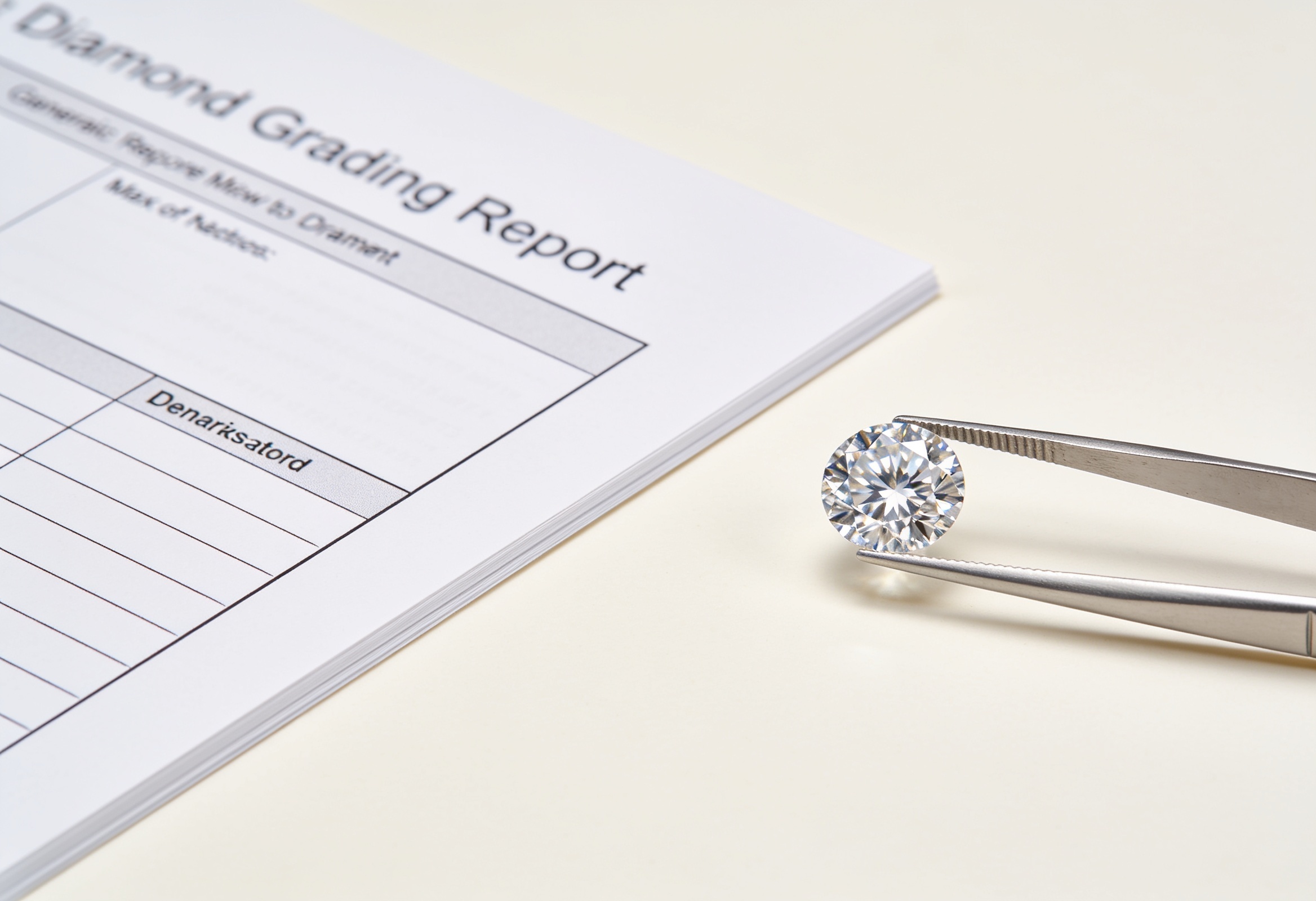 IGI vs GIA Diamond Certification 2 Diamond grading report beside a round brilliant diamond and tweezers