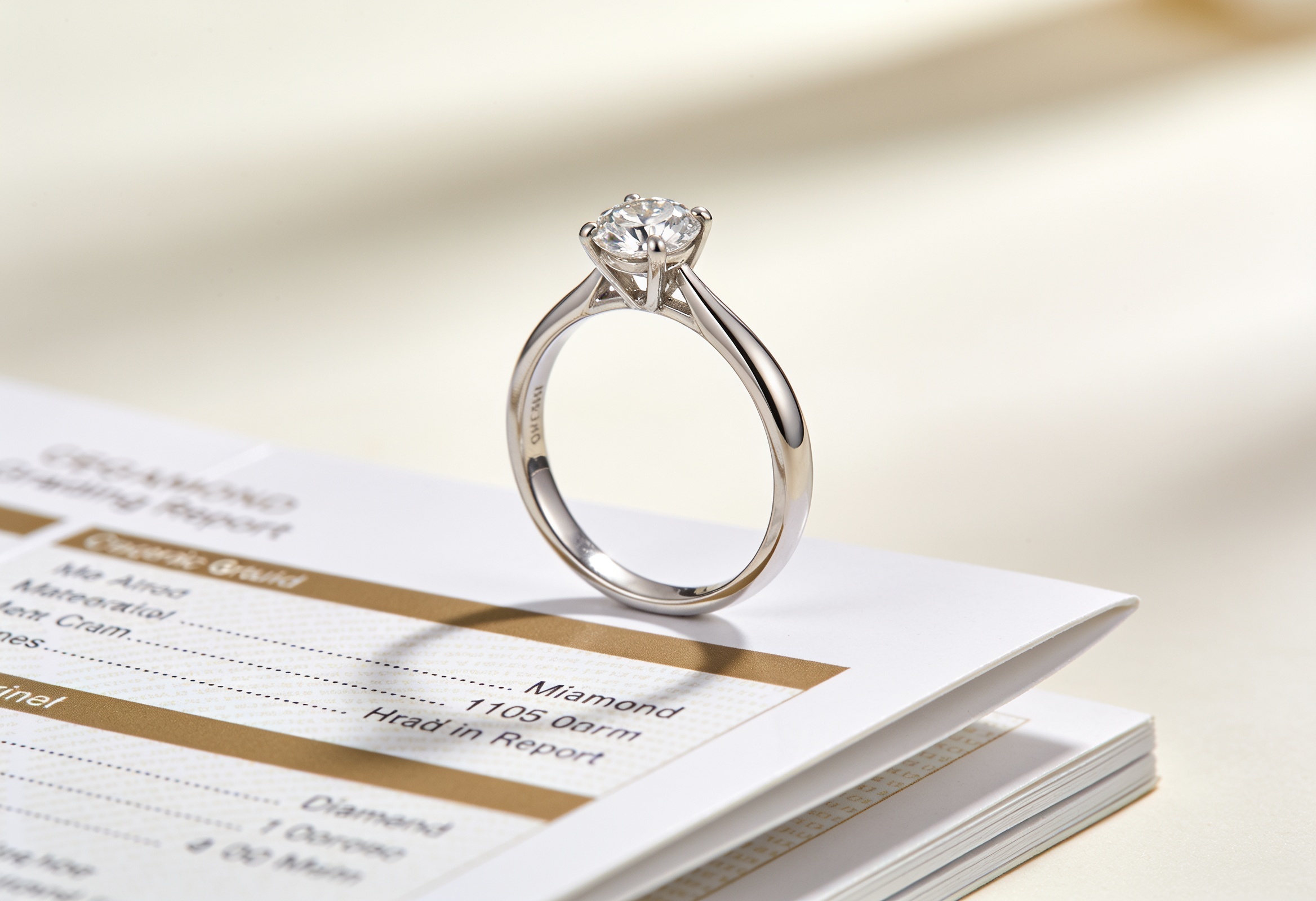 IGI vs GIA Diamond Certification 3 Solitaire diamond engagement ring resting on a grading report