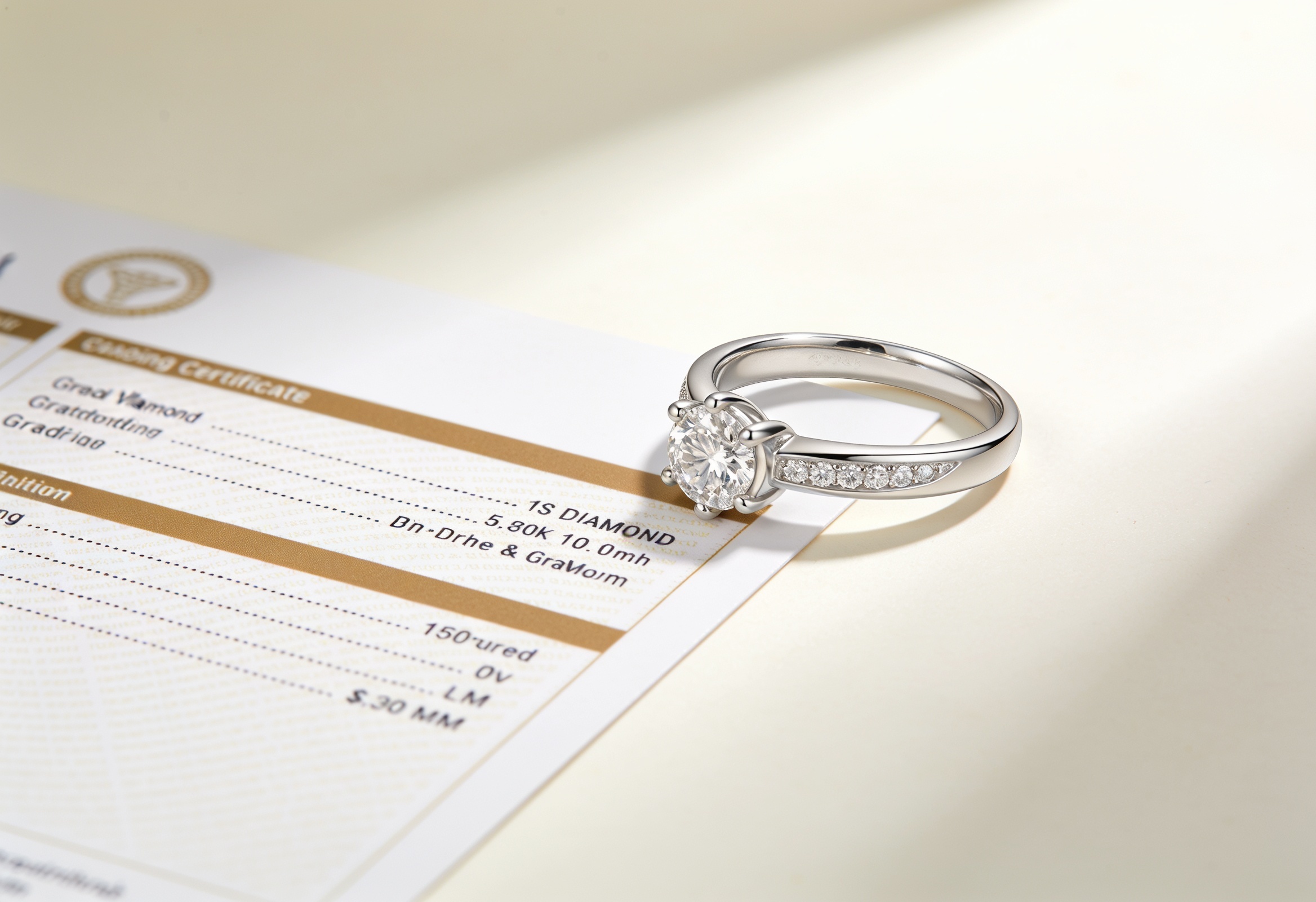 Lab grown diamond wedding band beside its IGI grading certificate