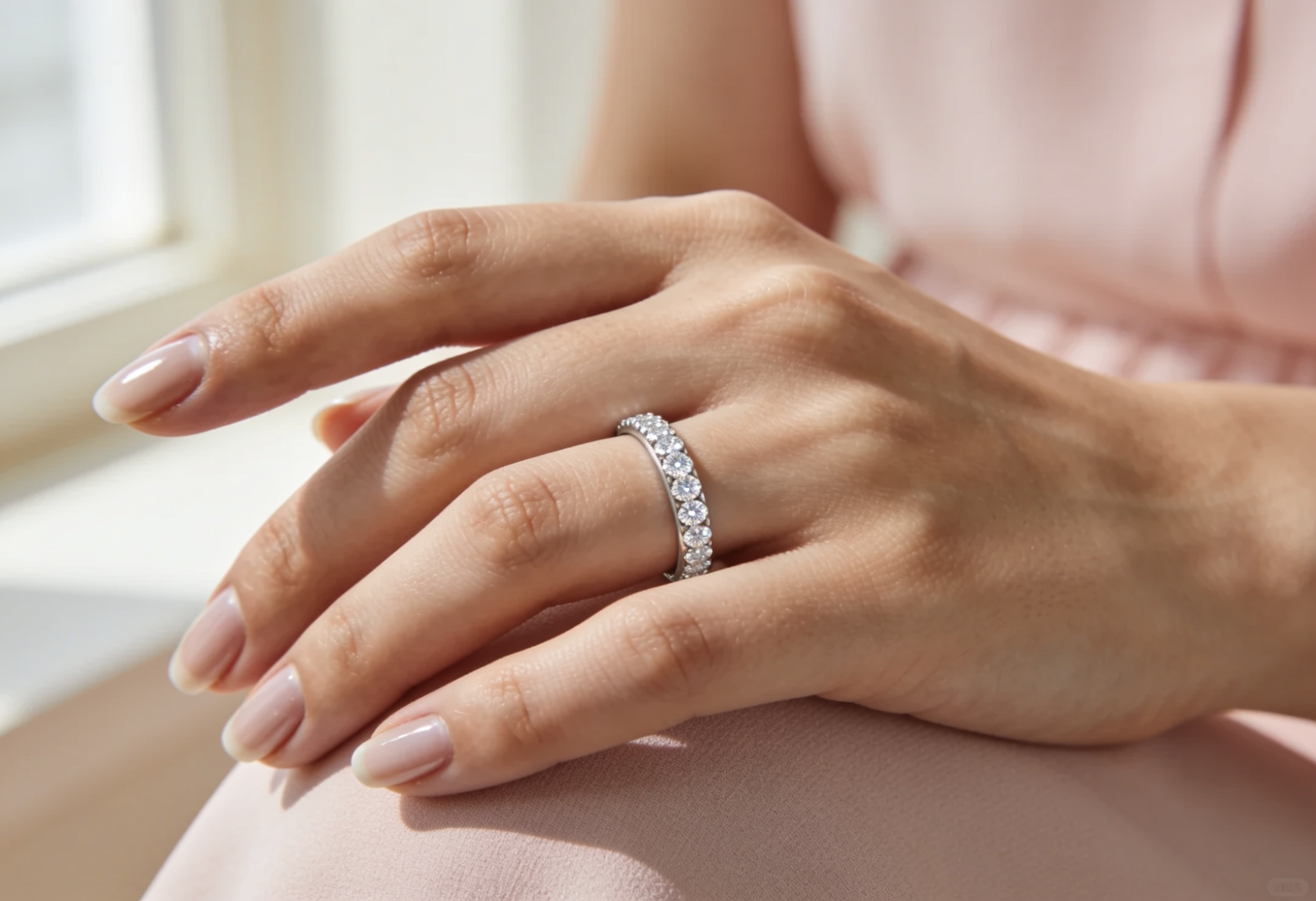 Full lab grown diamond eternity band on a hand