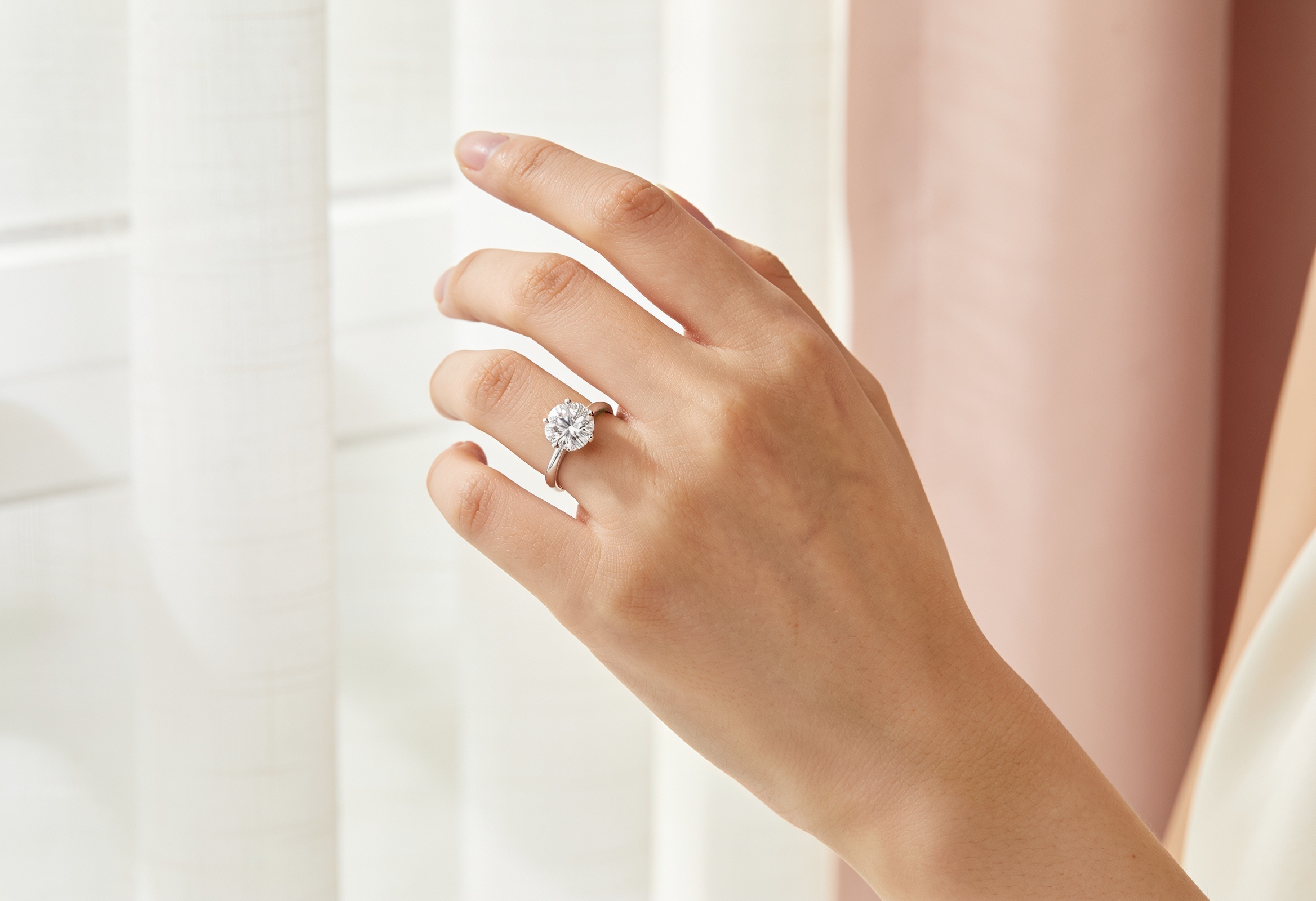 Moissanite vs Lab Grown Diamond 3 Solitaire engagement ring with a bright round brilliant stone on a hand