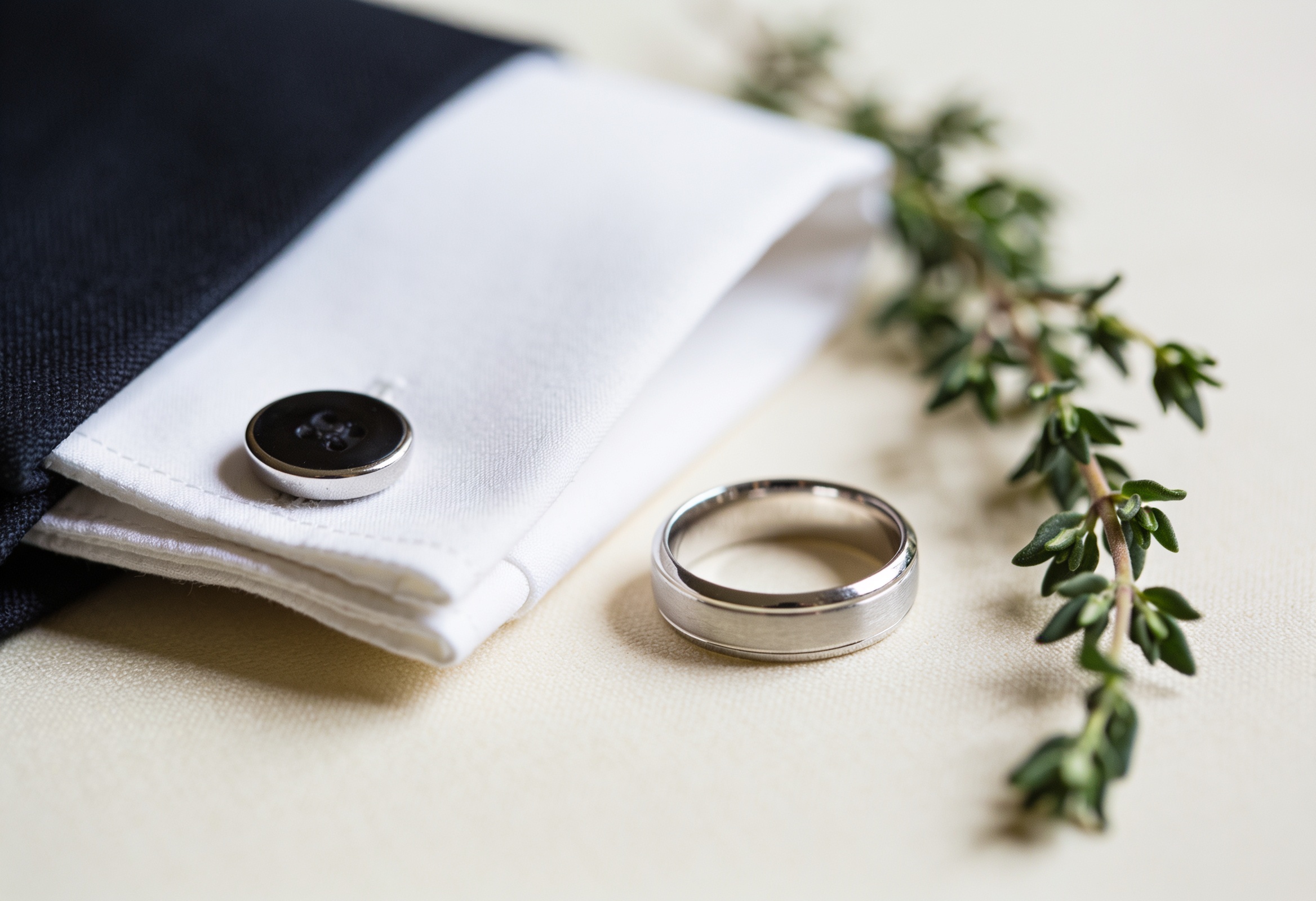 Men's white gold wedding band styled in a flat lay