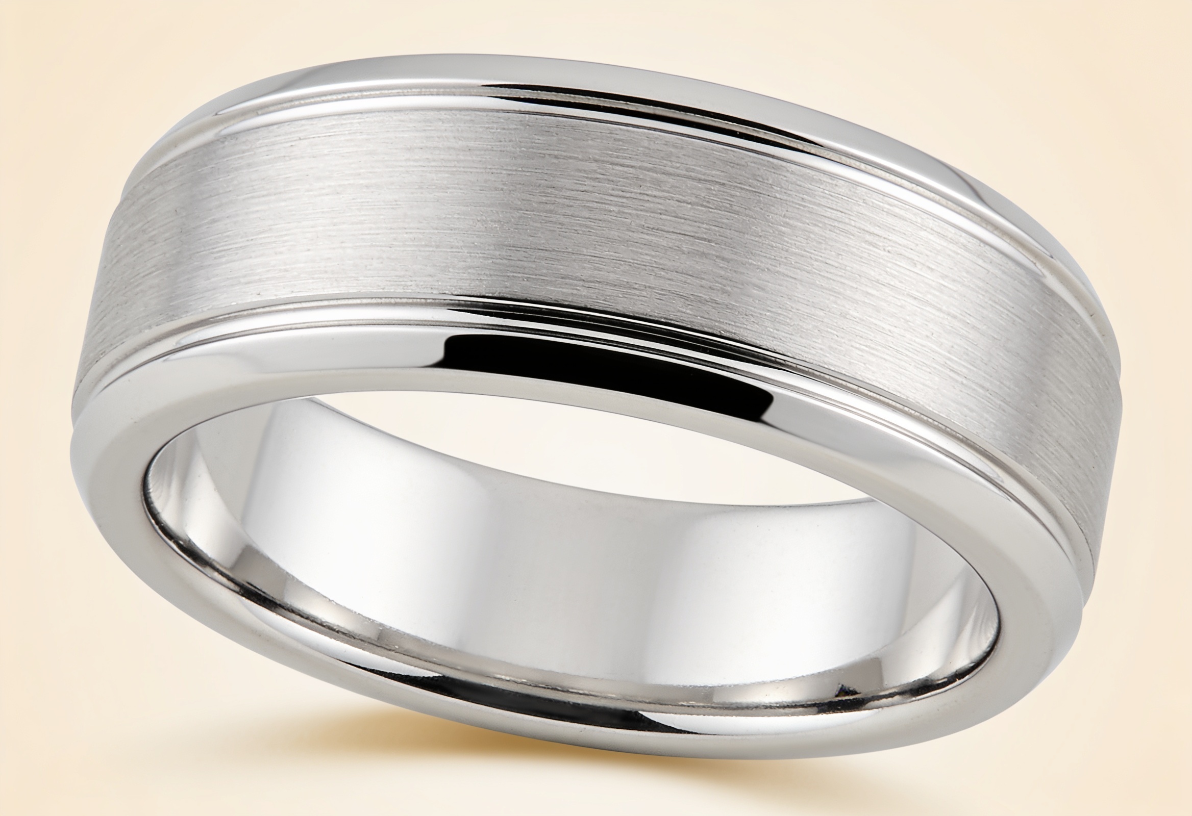 Brushed men's wedding band with polished bevelled edges