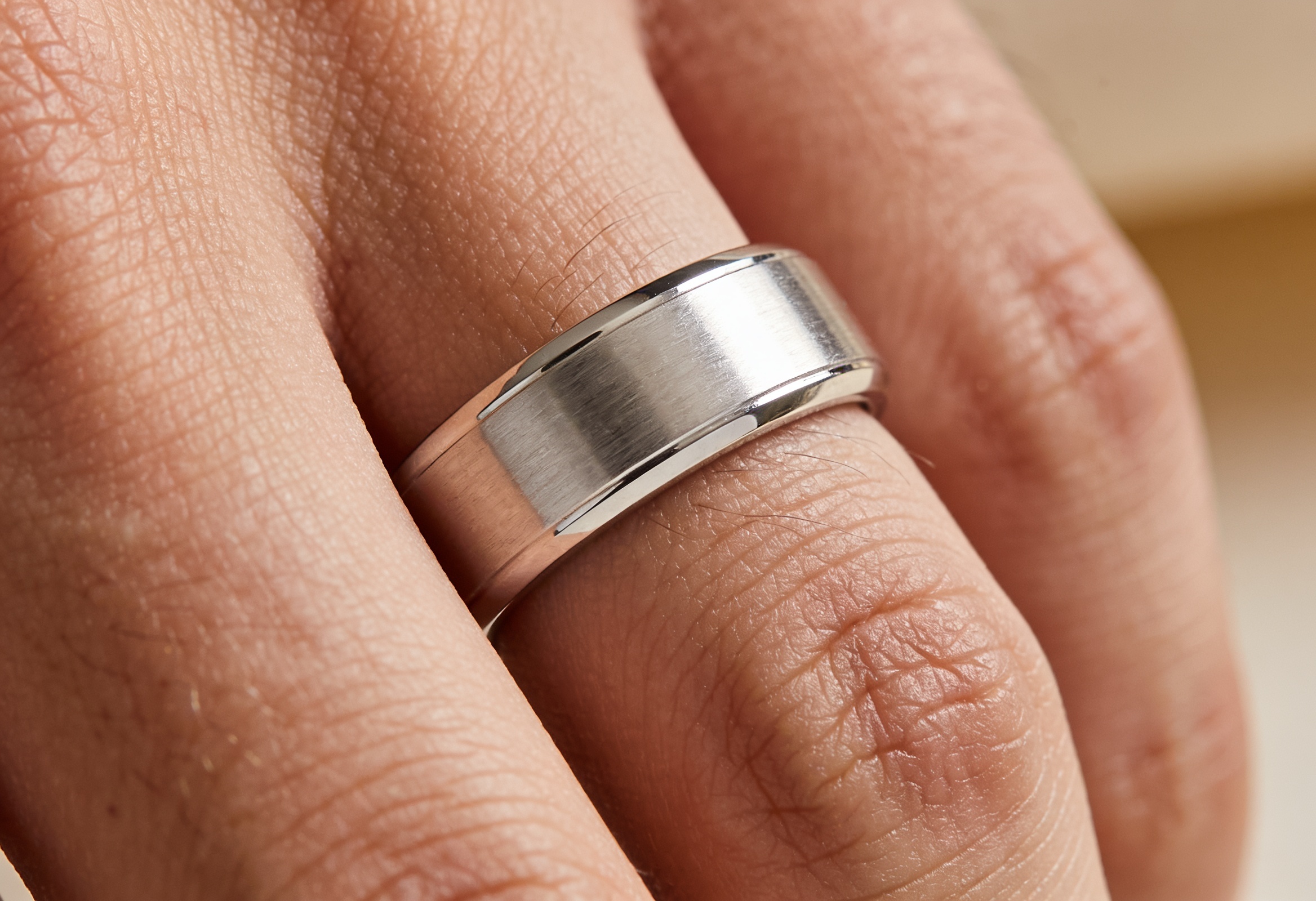 Men's white gold wedding band worn on a hand