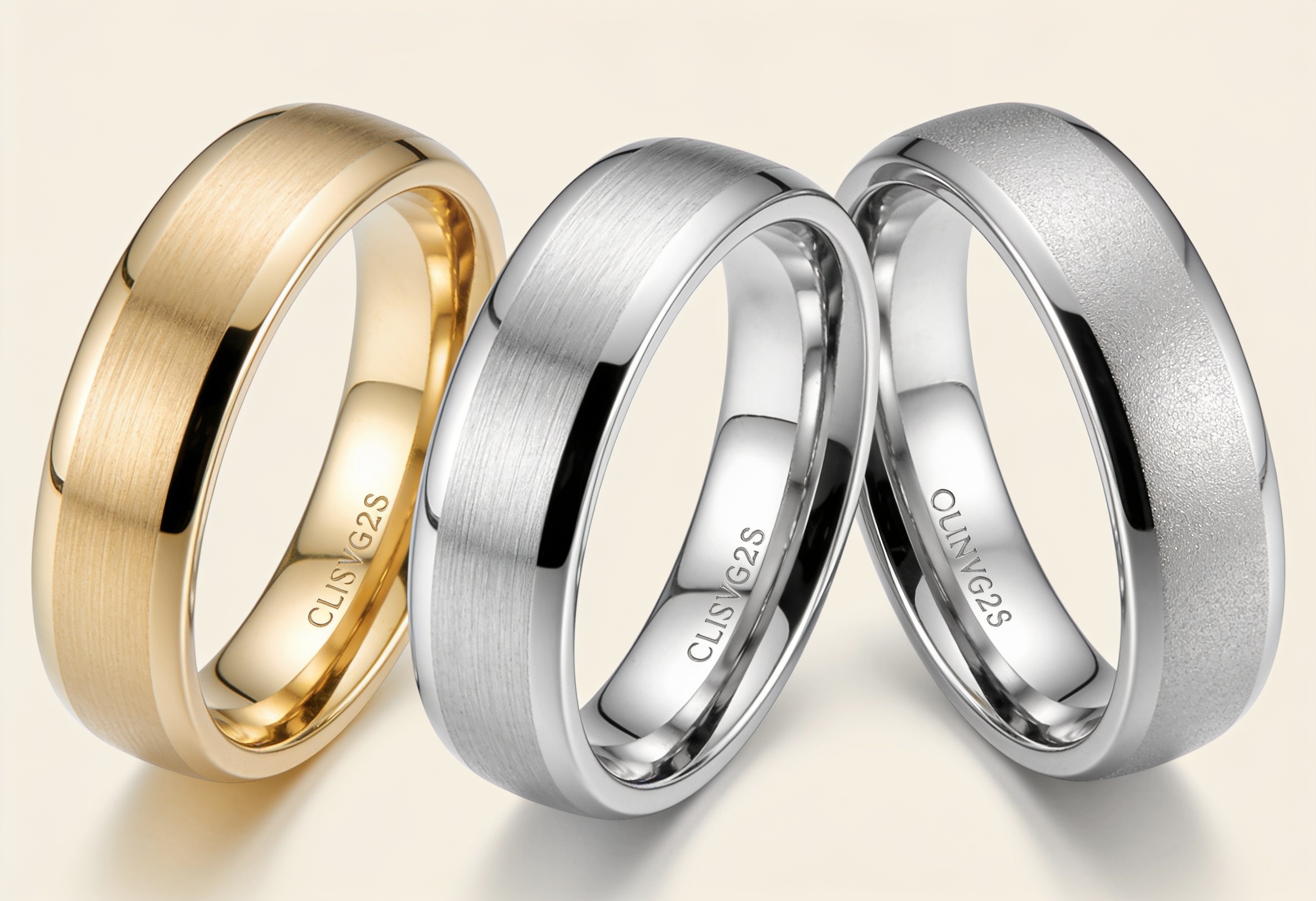 Three men's wedding bands in yellow gold, white gold, and platinum