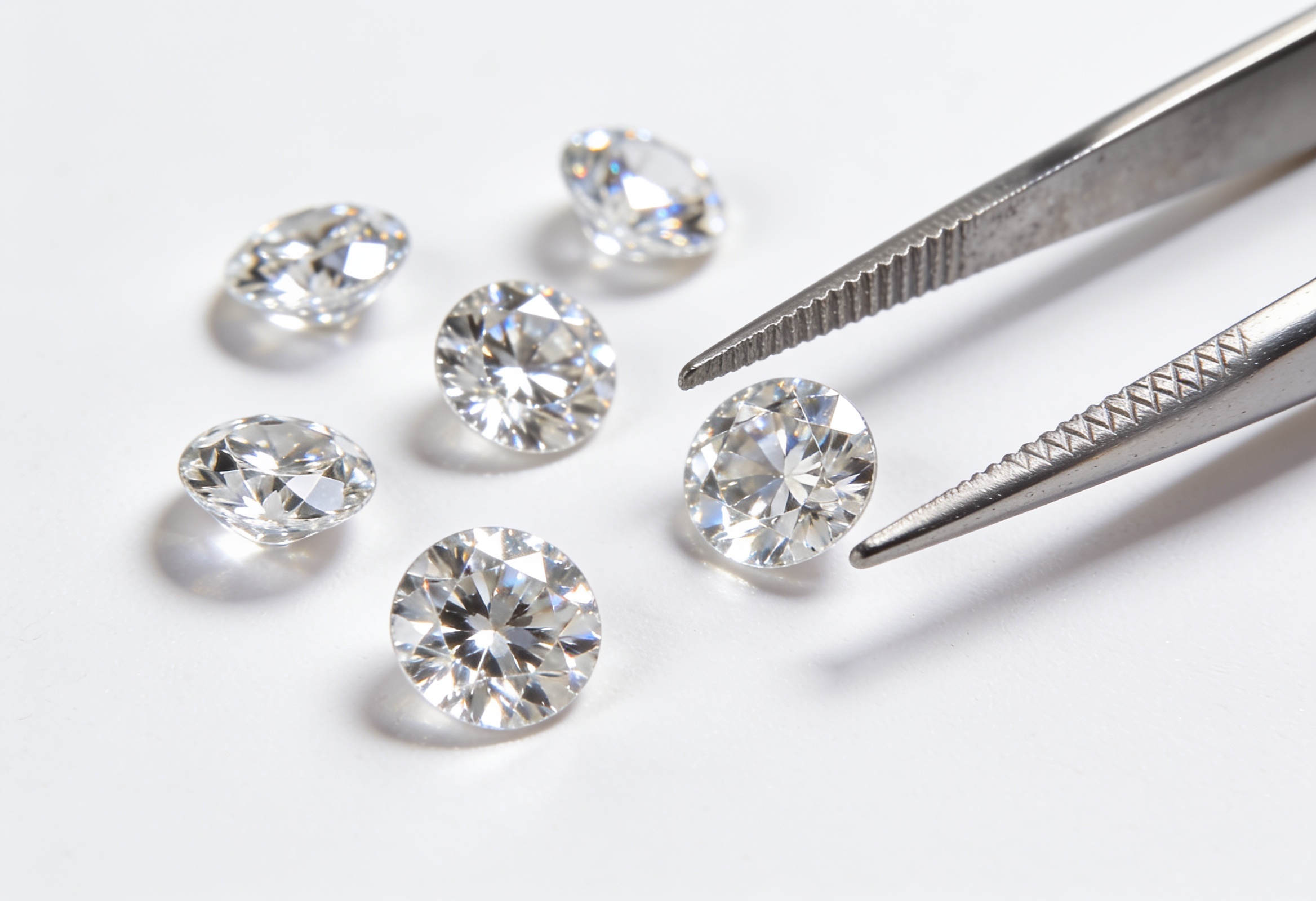 Lab Grown Diamond Necklaces in Canada 2 Loose round brilliant lab grown diamonds beside jeweler's tweezers