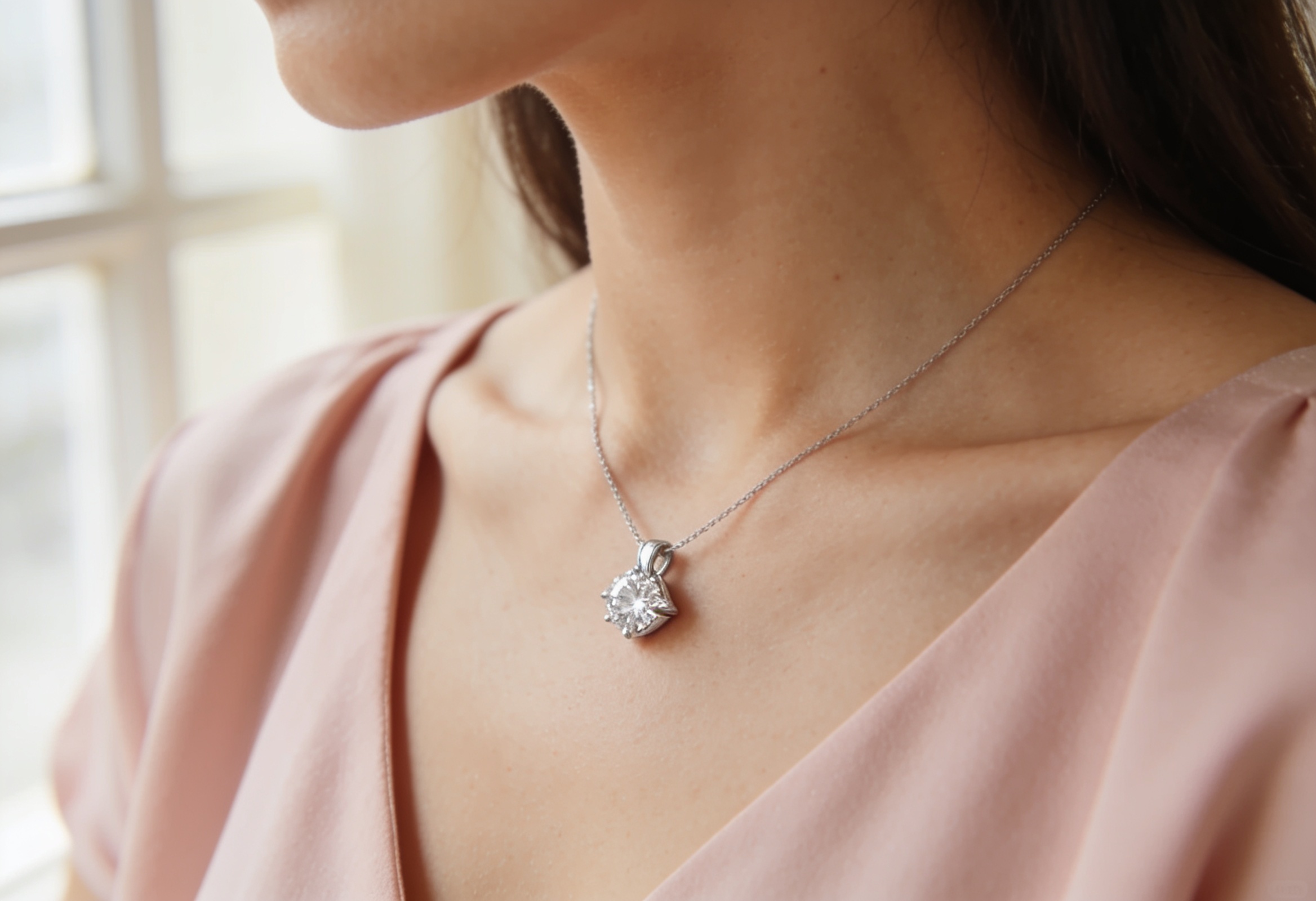 Lab Grown Diamond Necklaces in Canada 3 Lab grown diamond solitaire pendant worn at the neckline