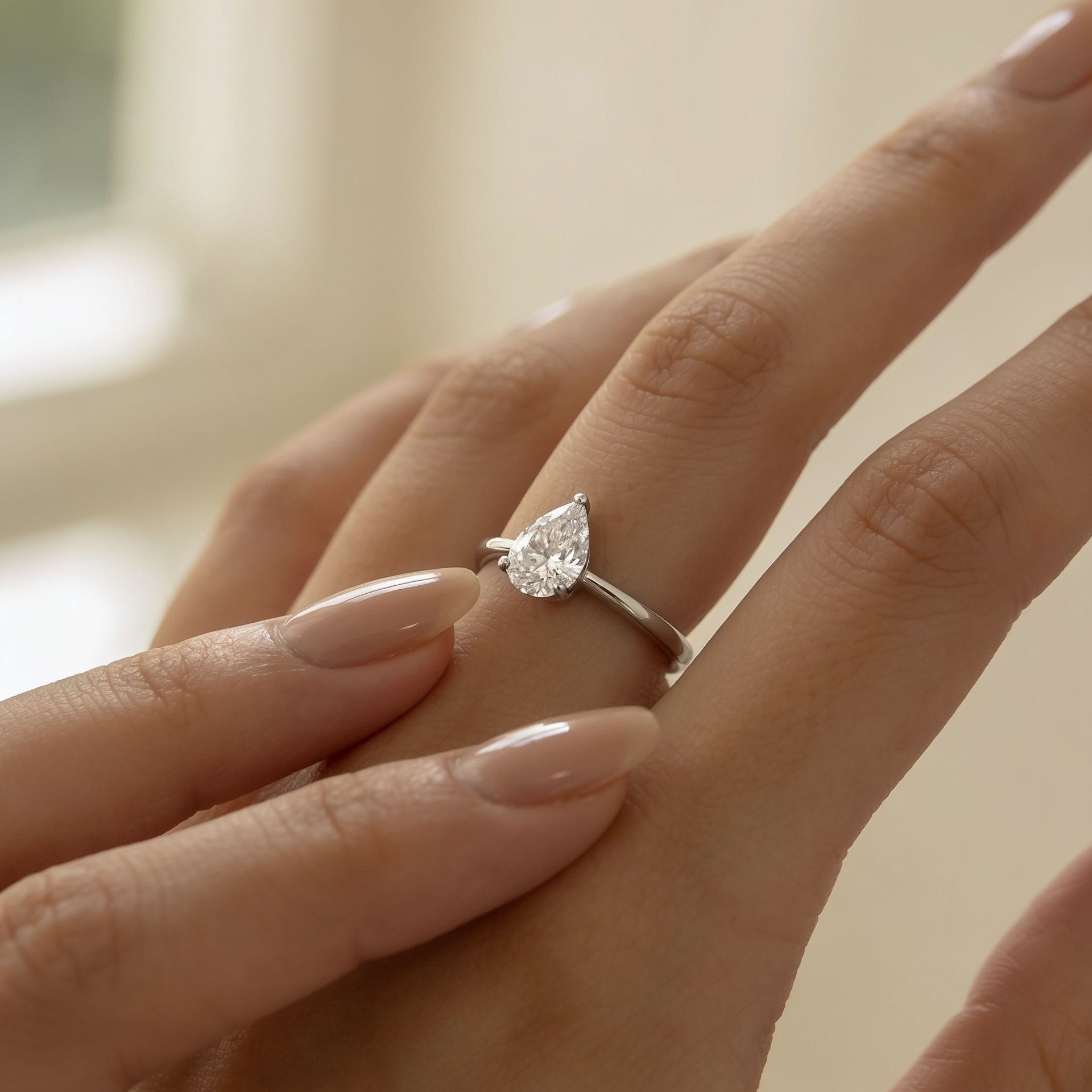 Pear Shaped Engagement Rings Canada 2 Pear shaped engagement ring on a hand pointing up toward the fingernail