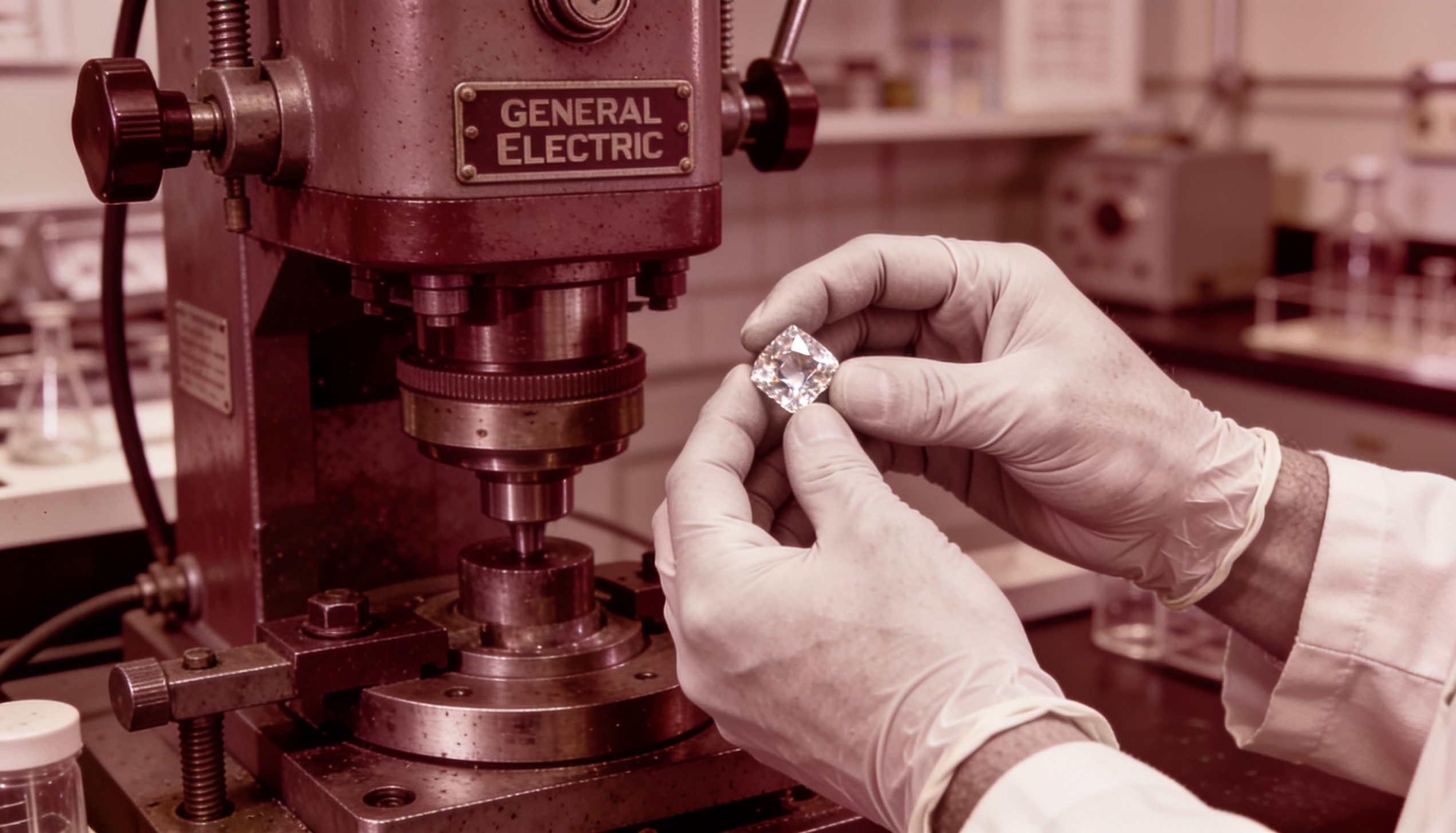 Vintage 1950s General Electric laboratory with the high pressure press that created the first synthetic lab grown diamond in 1955