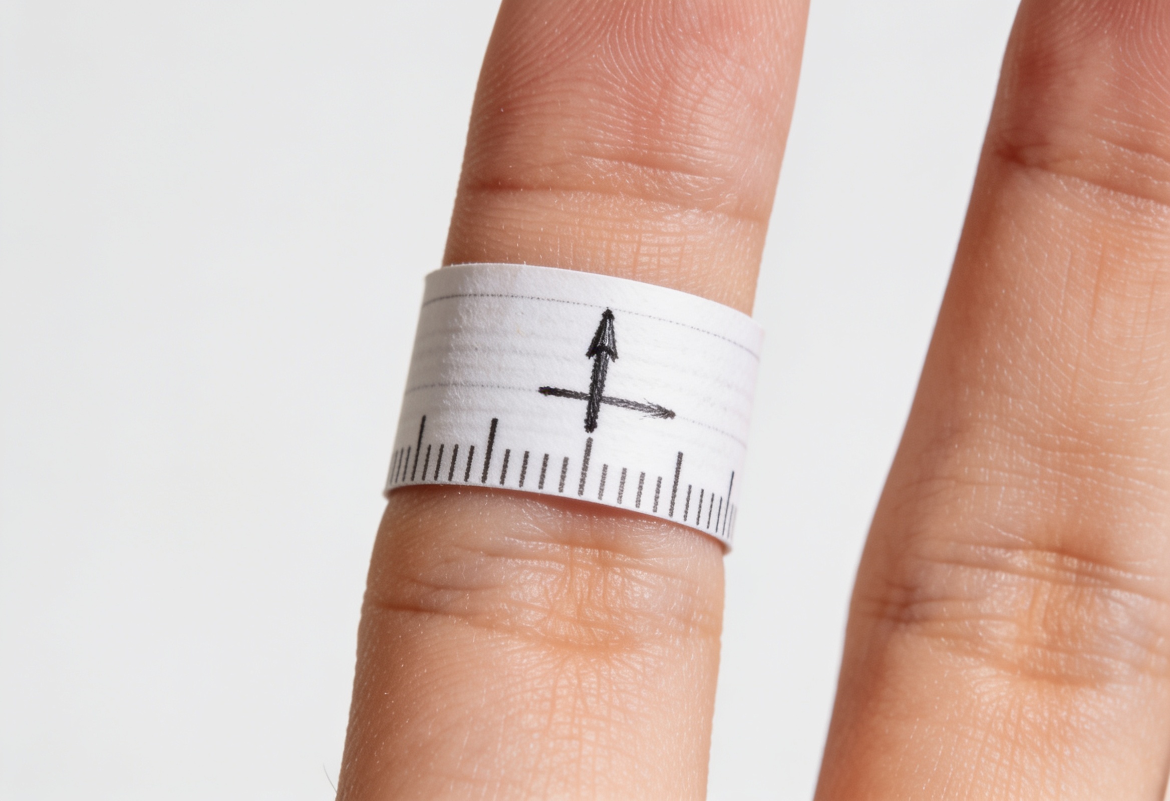 How to Measure Your Ring Size at Home 1 Paper strip with measurement marks wrapped around a finger to measure ring size