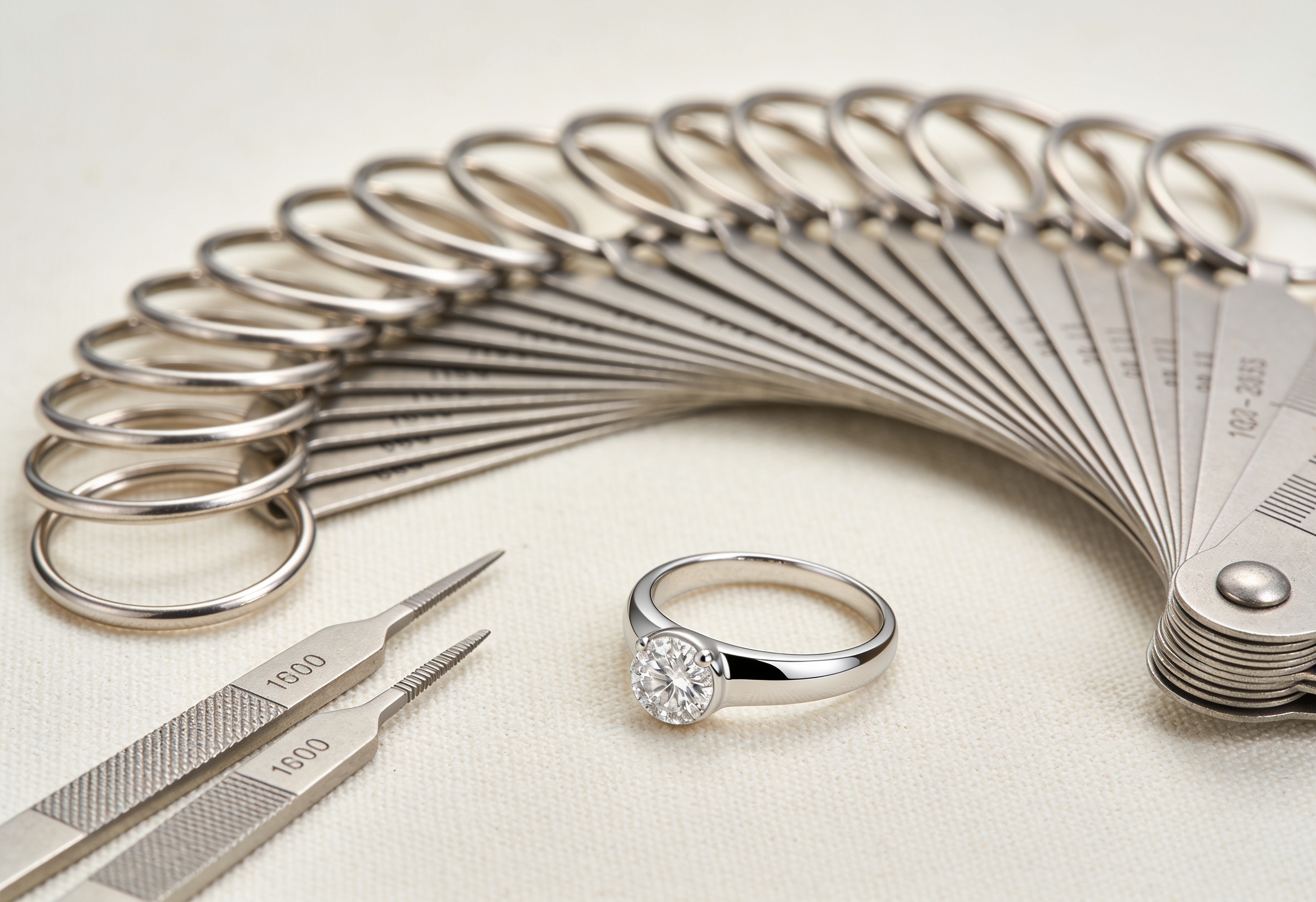 How to Measure Your Ring Size at Home 2 Set of metal ring sizer bands beside a diamond ring