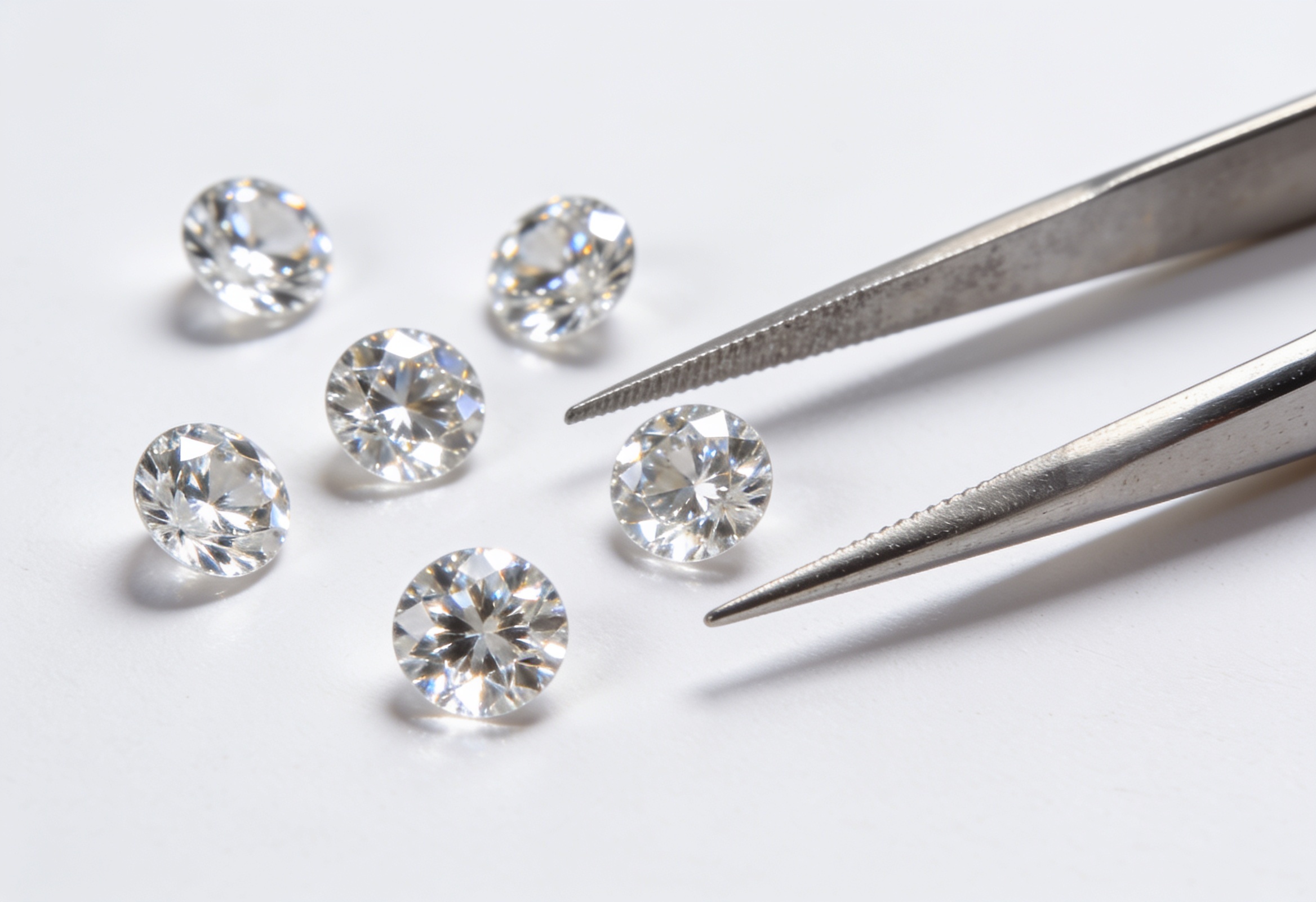 Lab Grown Diamond Tennis Bracelets in Canada 2 Loose matched round brilliant lab grown diamonds beside jeweler's tweezers