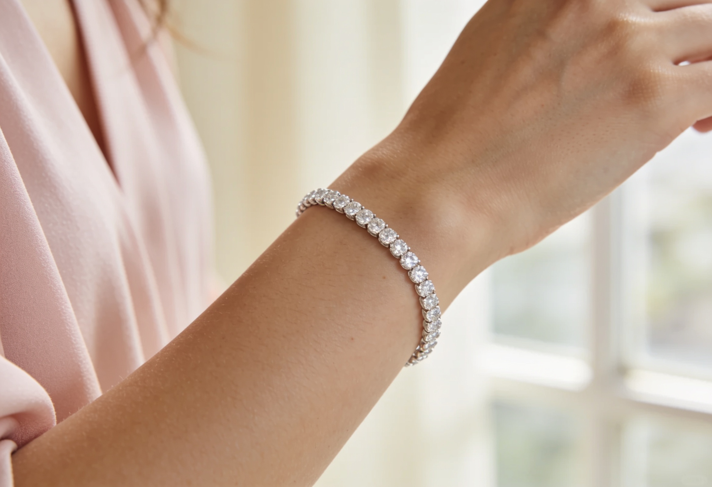Lab Grown Diamond Tennis Bracelets in Canada 3 Lab grown diamond tennis bracelet worn on a wrist