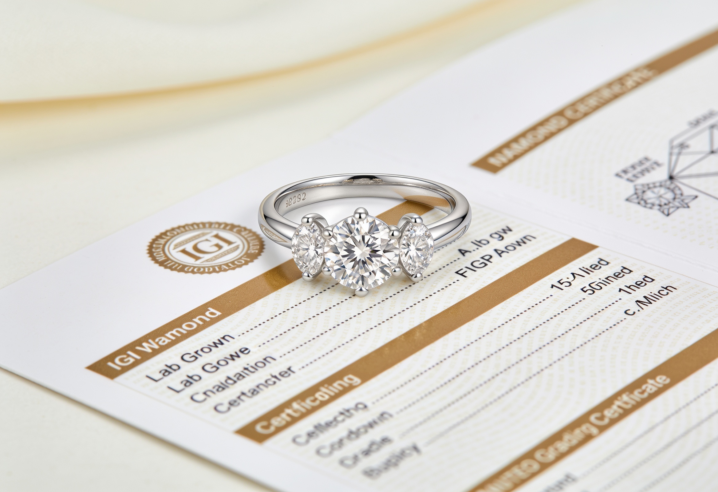 Three stone lab grown diamond ring with IGI grading certificate showing certified value