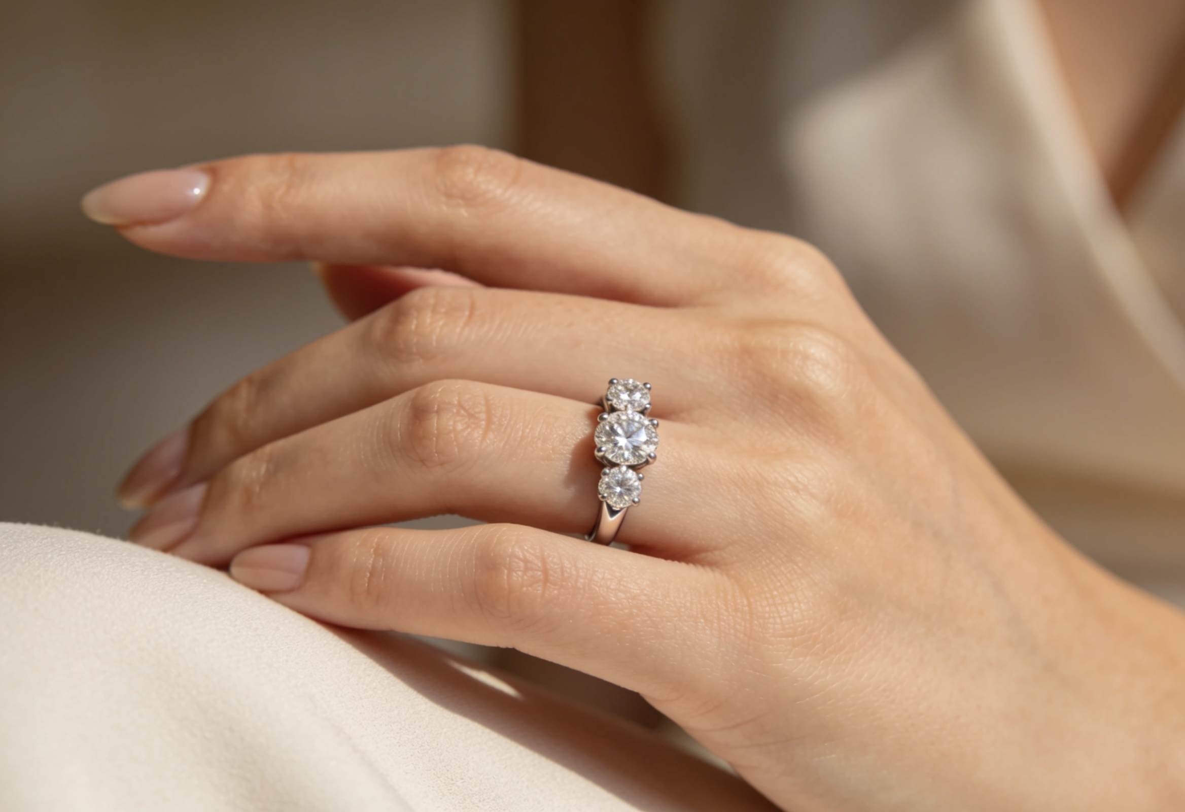 Three stone lab grown diamond engagement ring on a hand