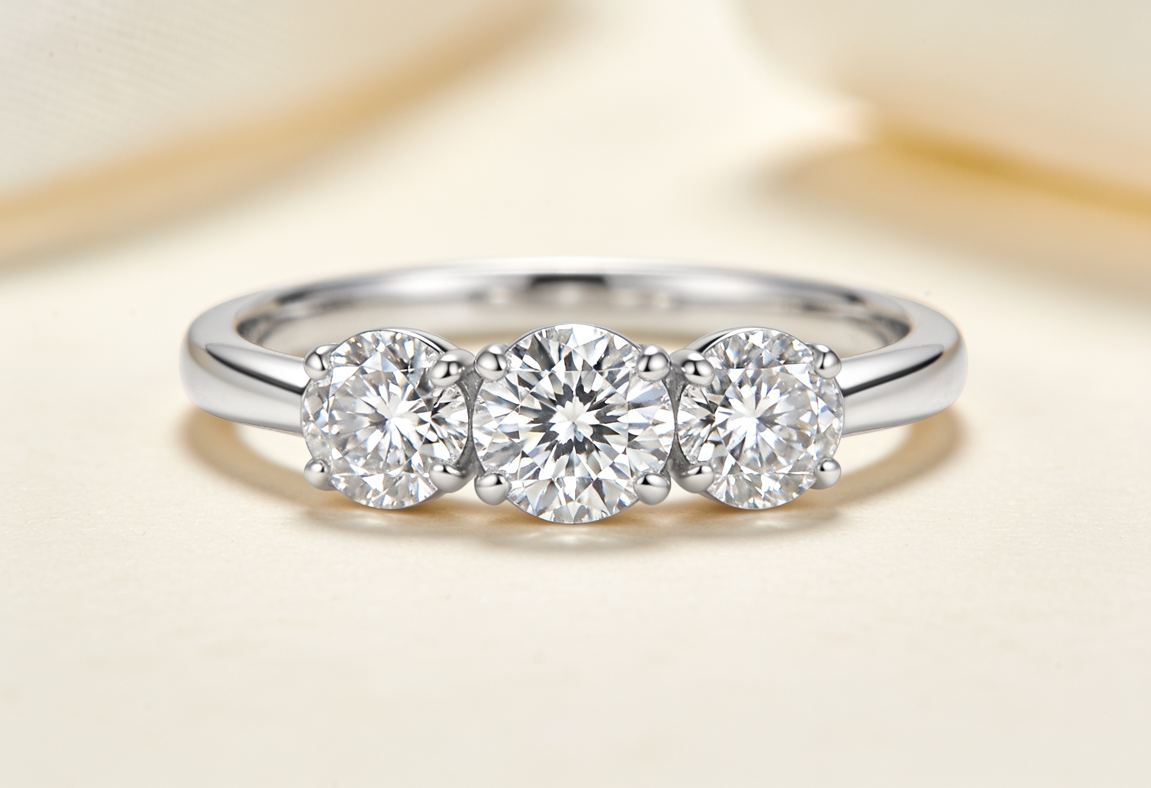 Three stone trilogy ring with three equal round diamonds