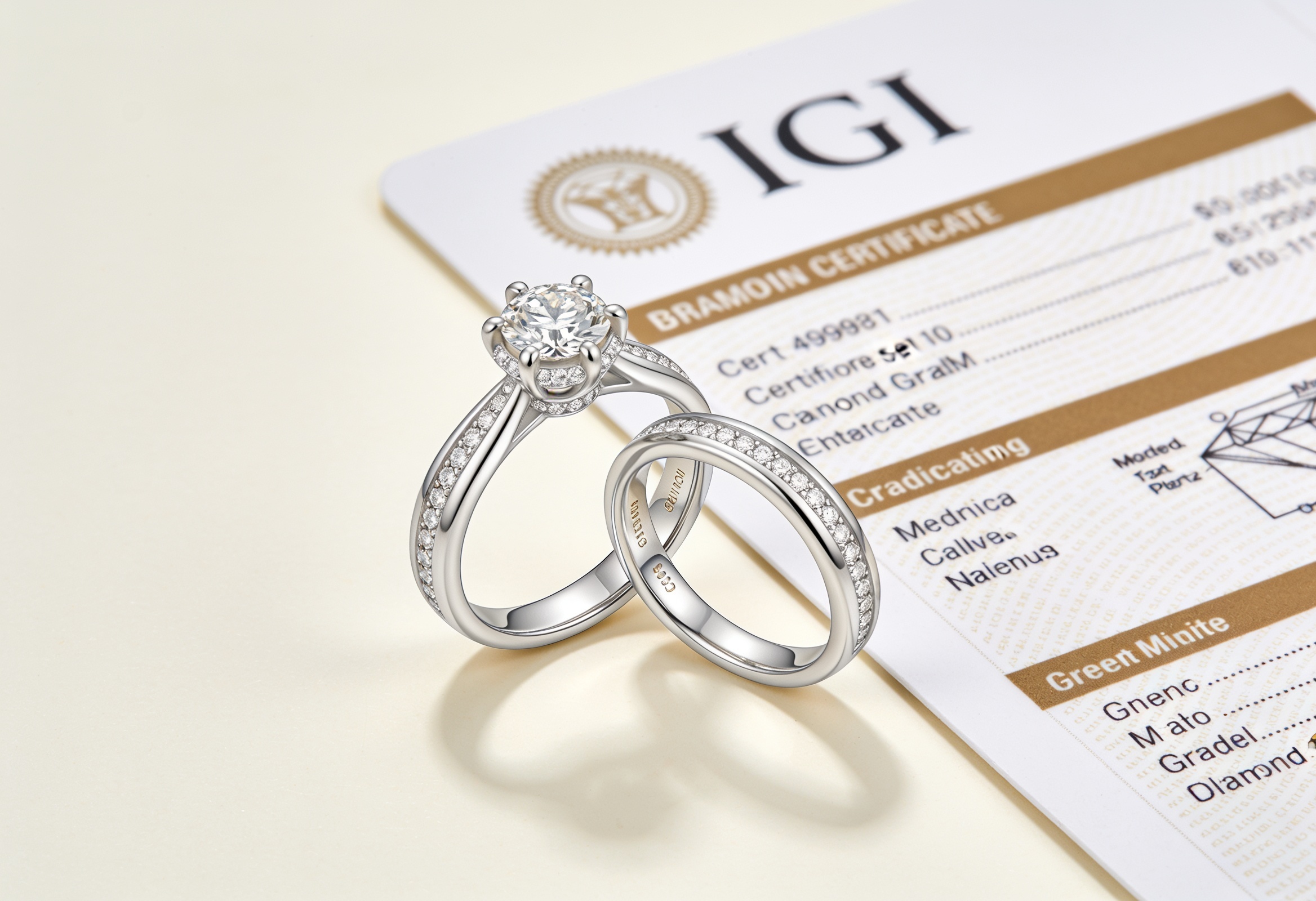 Lab grown diamond certificate beside a wedding ring set