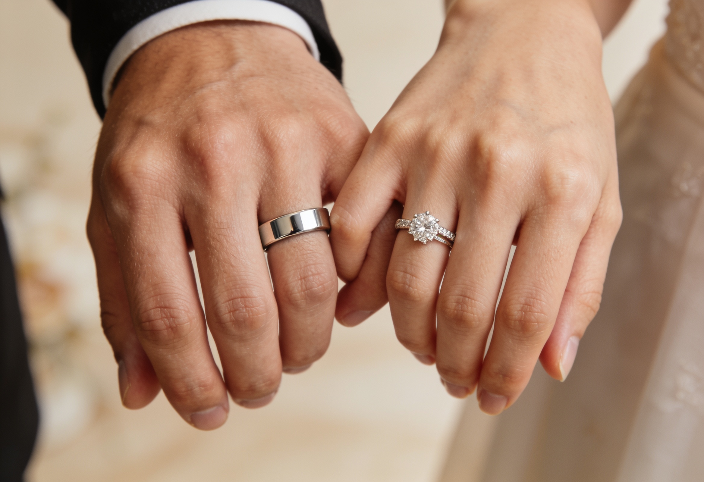Couple's hands showing matching his and hers wedding rings