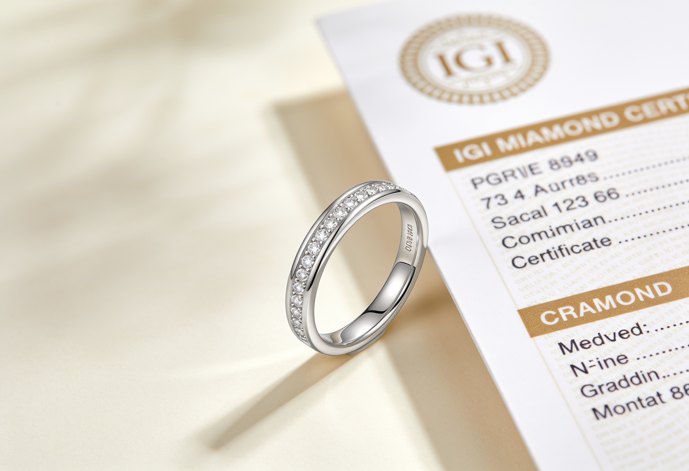 Women's diamond wedding band with IGI grading certificate showing certified value