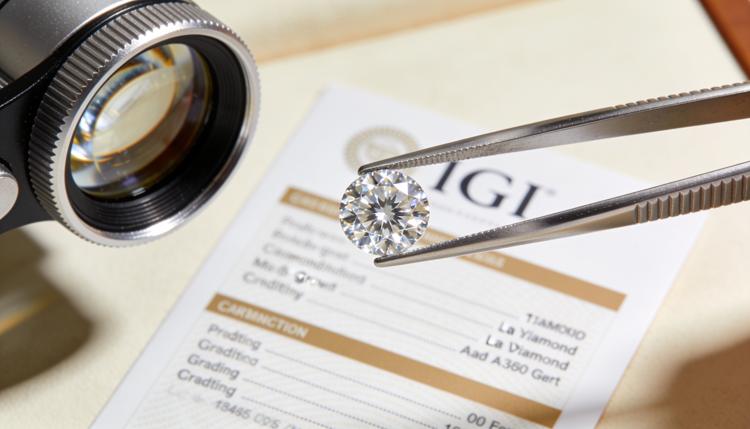 A certified lab grown diamond with an IGI grading report and jeweller loupe, proving it is a real diamond