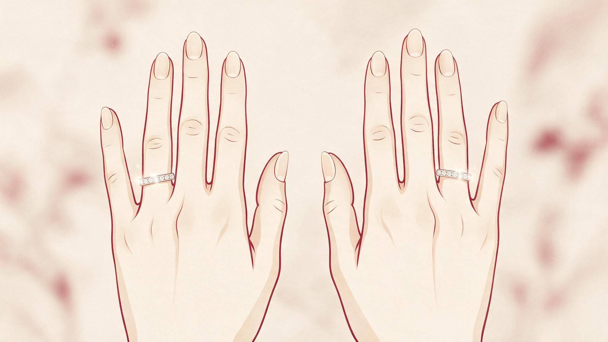 What Finger Does a Wedding Ring Go On? 1 Diagram of the ring finger, the fourth finger, on both the left and right hand wearing a diamond wedding band