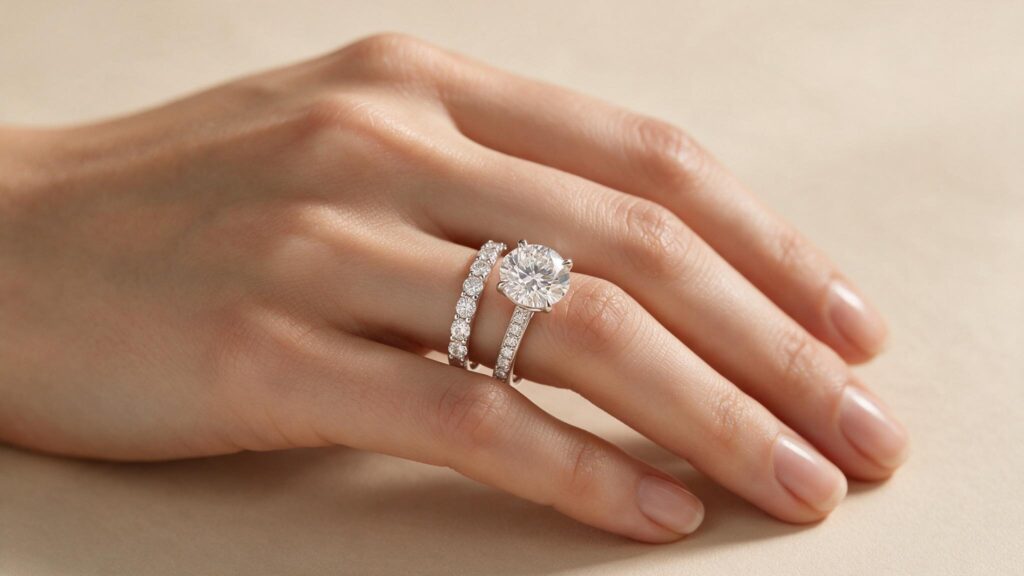 A hand wearing a lab grown diamond wedding band and solitaire engagement ring on the ring finger