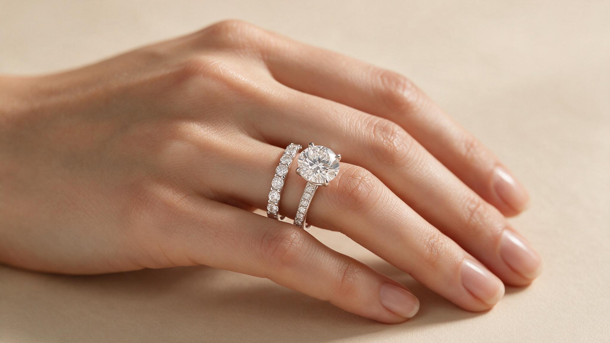 A hand wearing a lab grown diamond wedding band and solitaire engagement ring on the ring finger